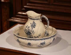 19th Century French Painted Ceramic Wash Bowl and Pitcher from Sarreguemines