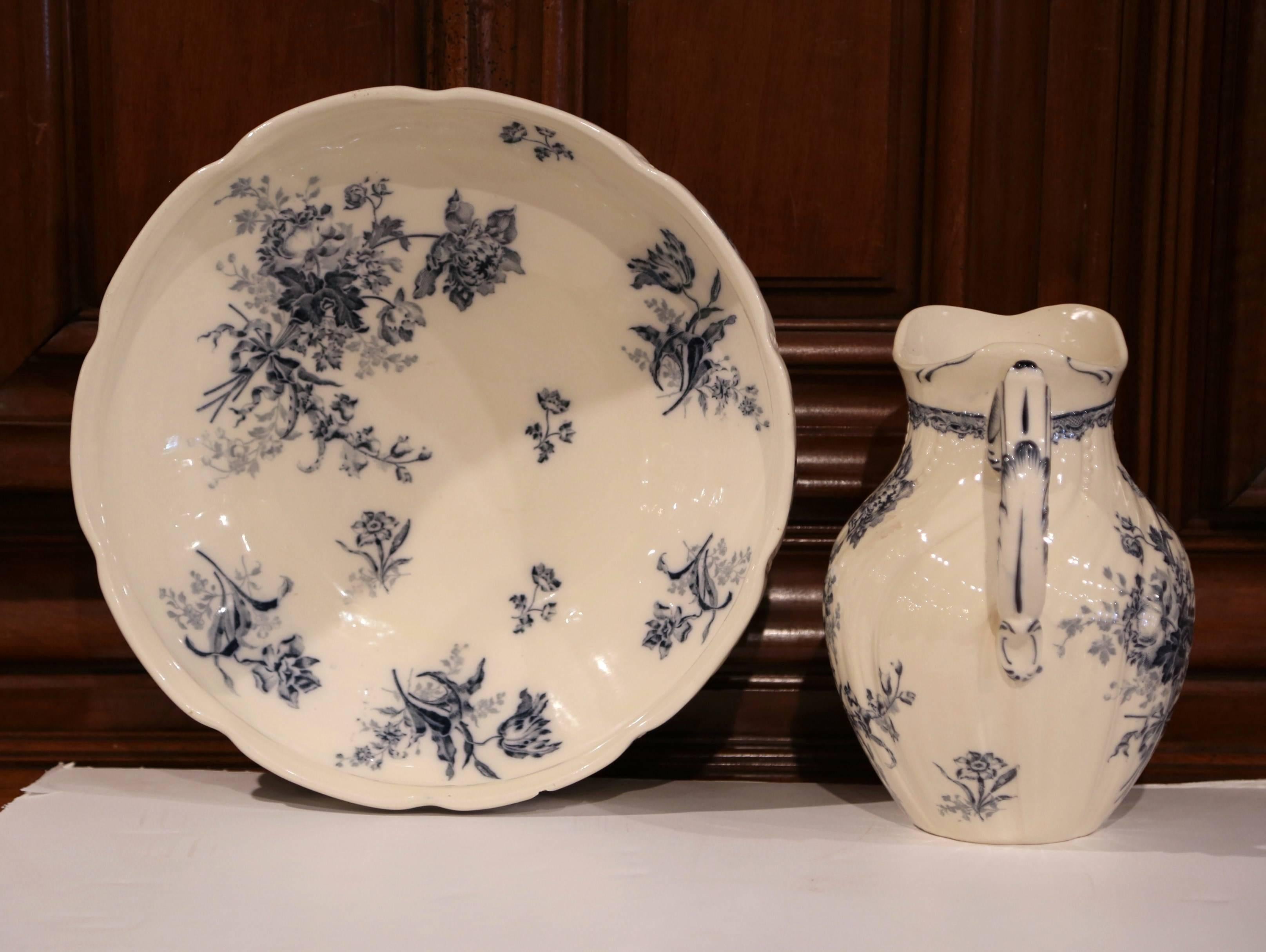 Faience 19th Century French Painted Ceramic Wash Bowl and Pitcher from Sarreguemines