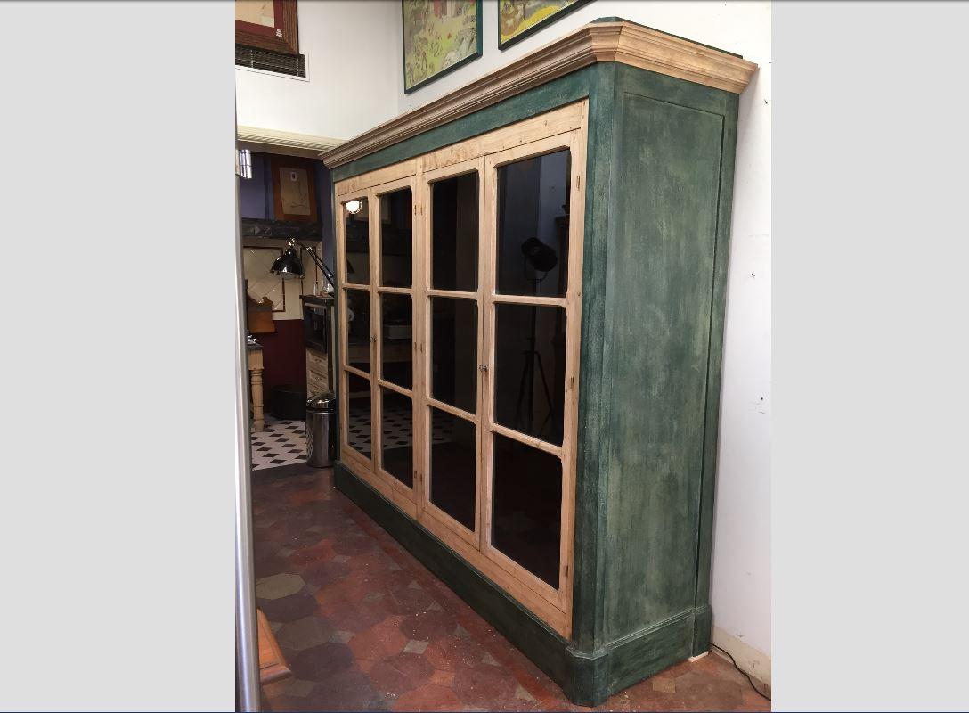 19th century French hand-painted wood display cabinet with four glass shutters.
