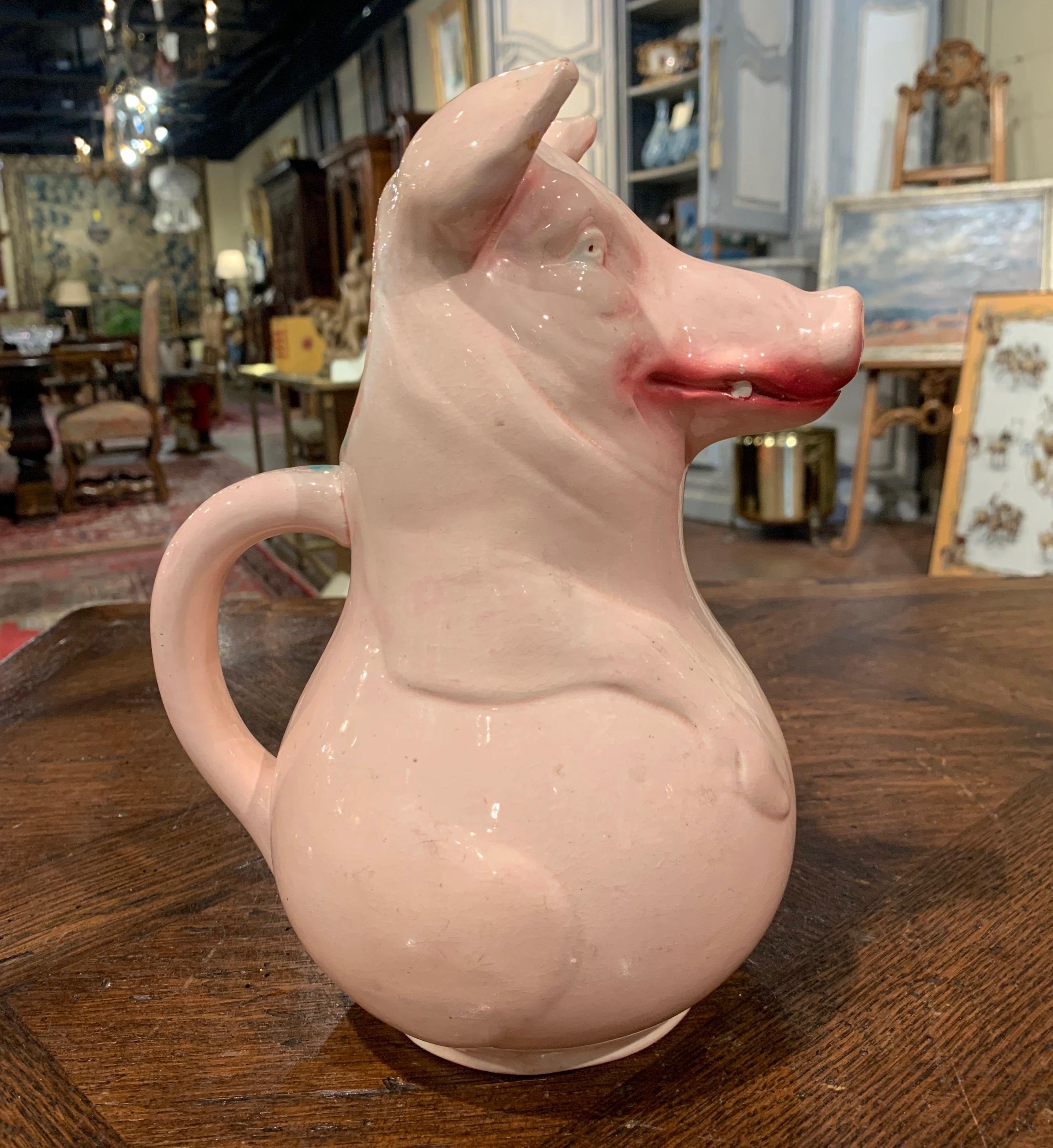 19th Century French Hand Sarreguemines Hand Painted Majolica Pig Pitcher  In Excellent Condition In Dallas, TX