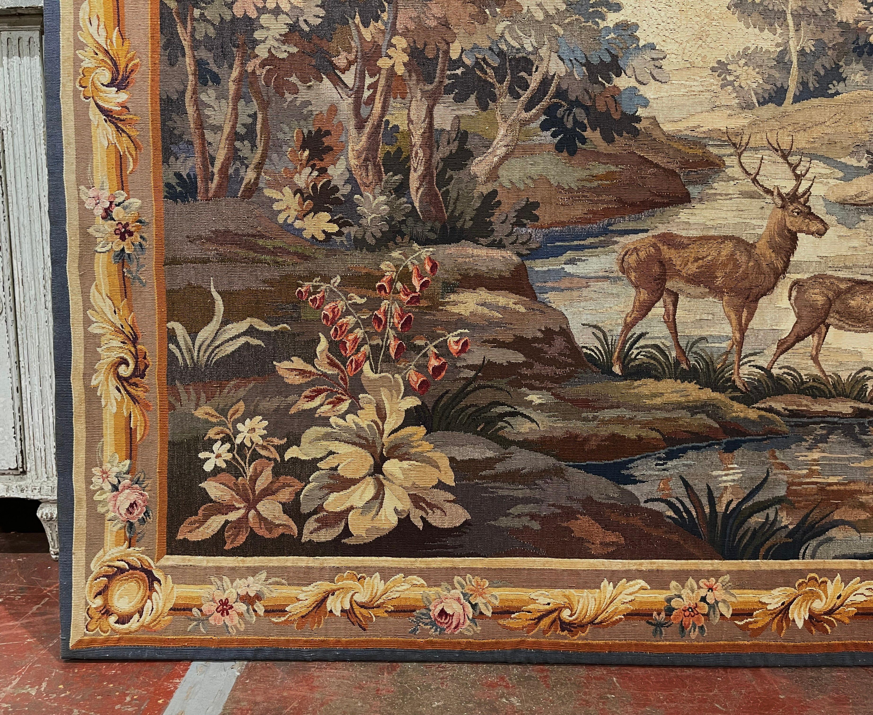 19th Century French Hand Woven Aubusson Tapestry on Stretcher with Deer Decor In Excellent Condition In Dallas, TX