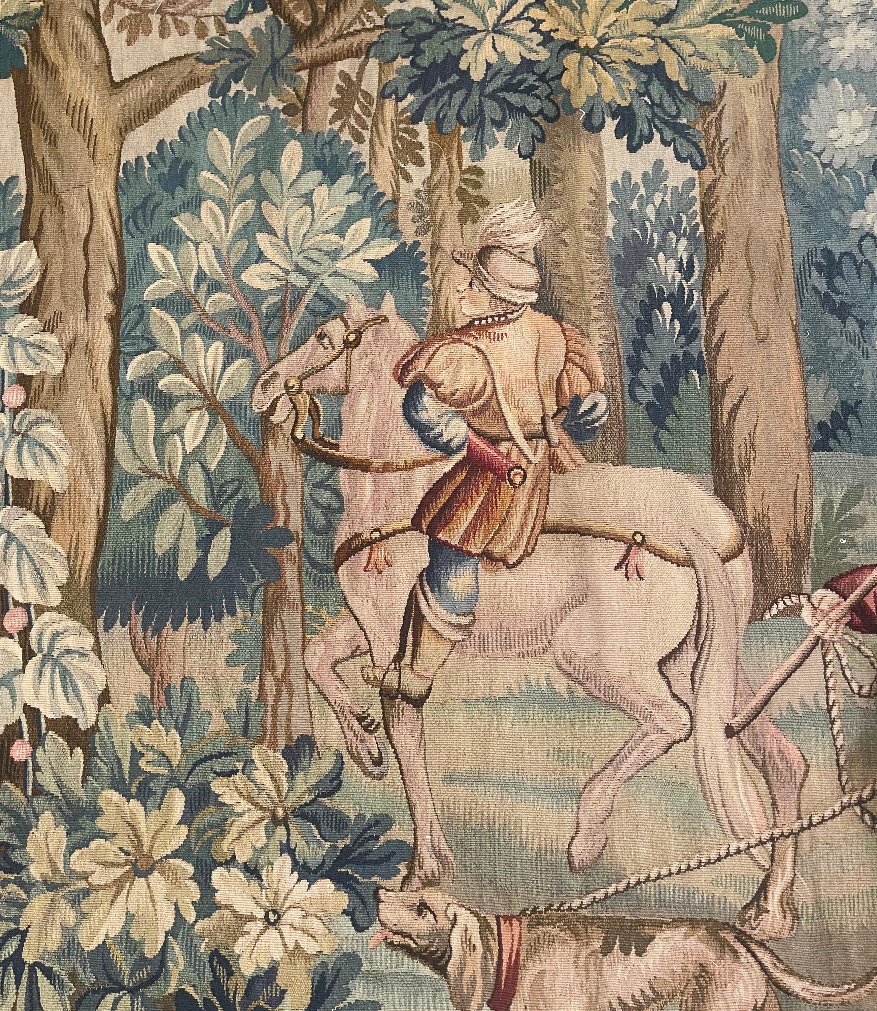 Französischer handgewebter Aubusson-Wandteppich des 19. Jahrhunderts mit edler Jagd-Party-Szene im Angebot 6
