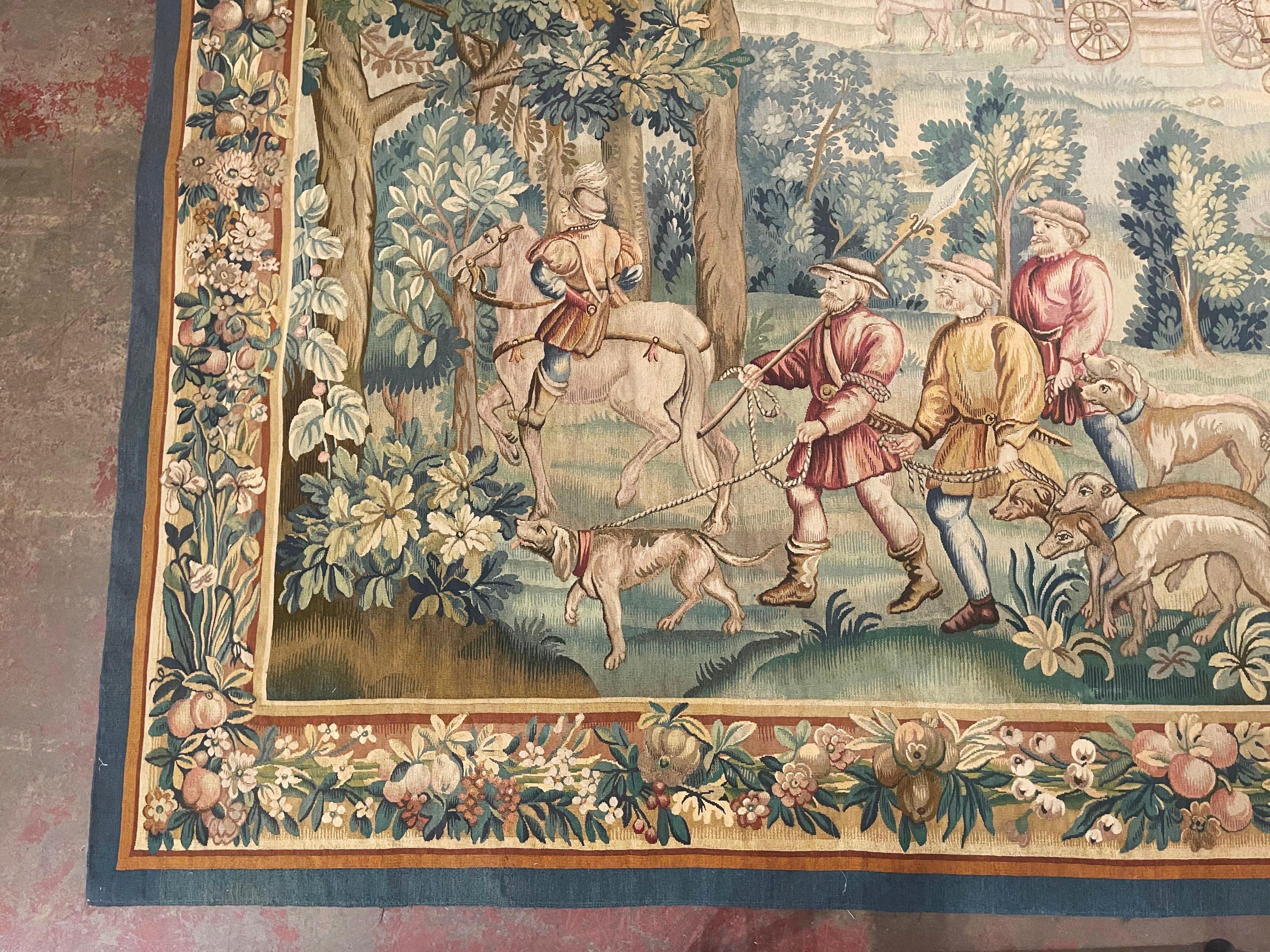 Französischer handgewebter Aubusson-Wandteppich des 19. Jahrhunderts mit edler Jagd-Party-Szene (Handgewebt) im Angebot
