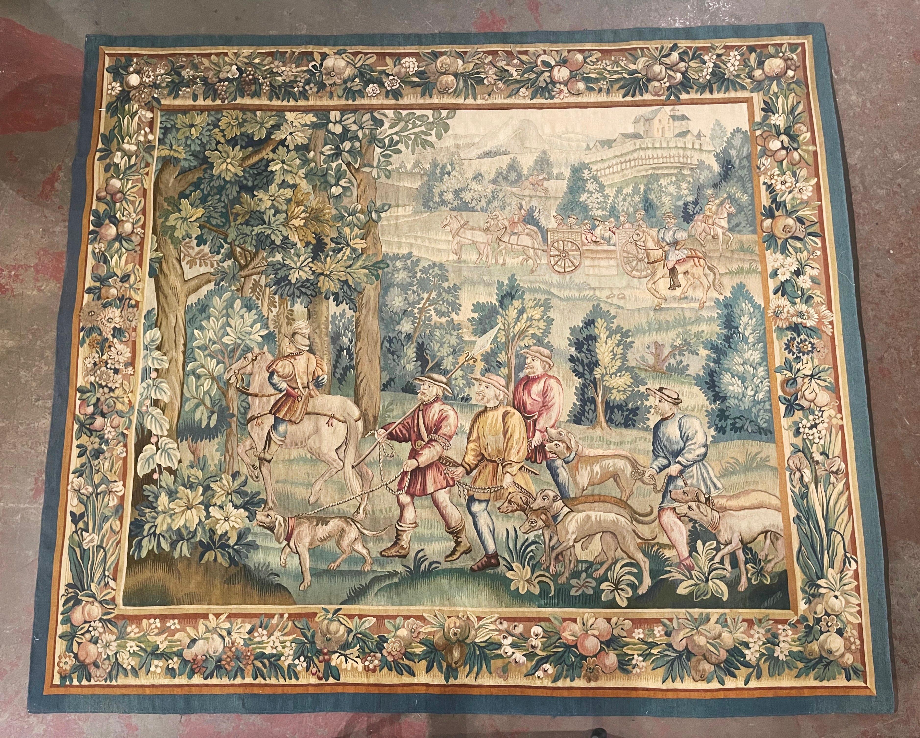 Französischer handgewebter Aubusson-Wandteppich des 19. Jahrhunderts mit edler Jagd-Party-Szene im Angebot 1