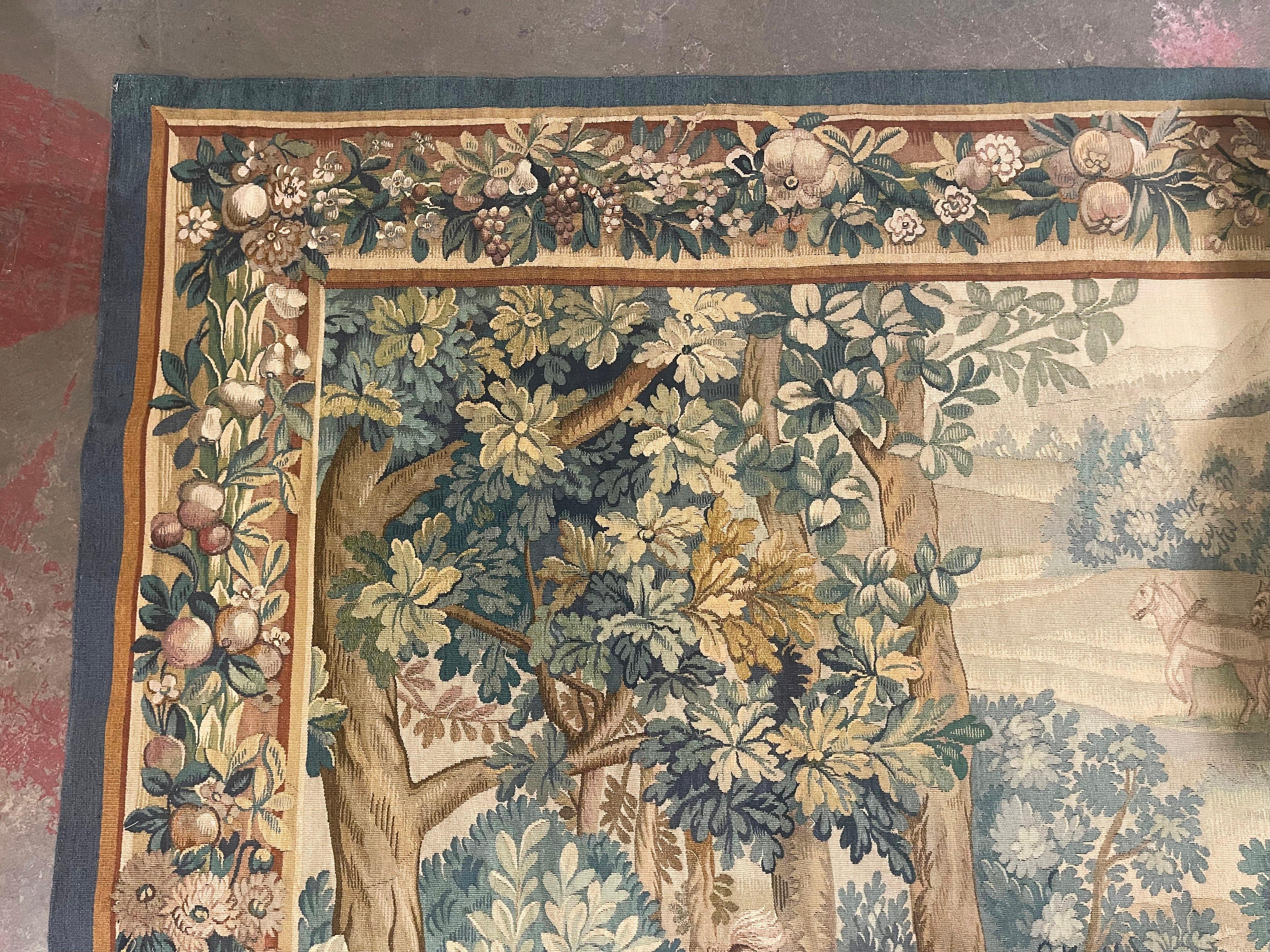19th Century French Hand Woven Aubusson Tapestry with Noble Hunting Party Scene In Excellent Condition For Sale In Dallas, TX