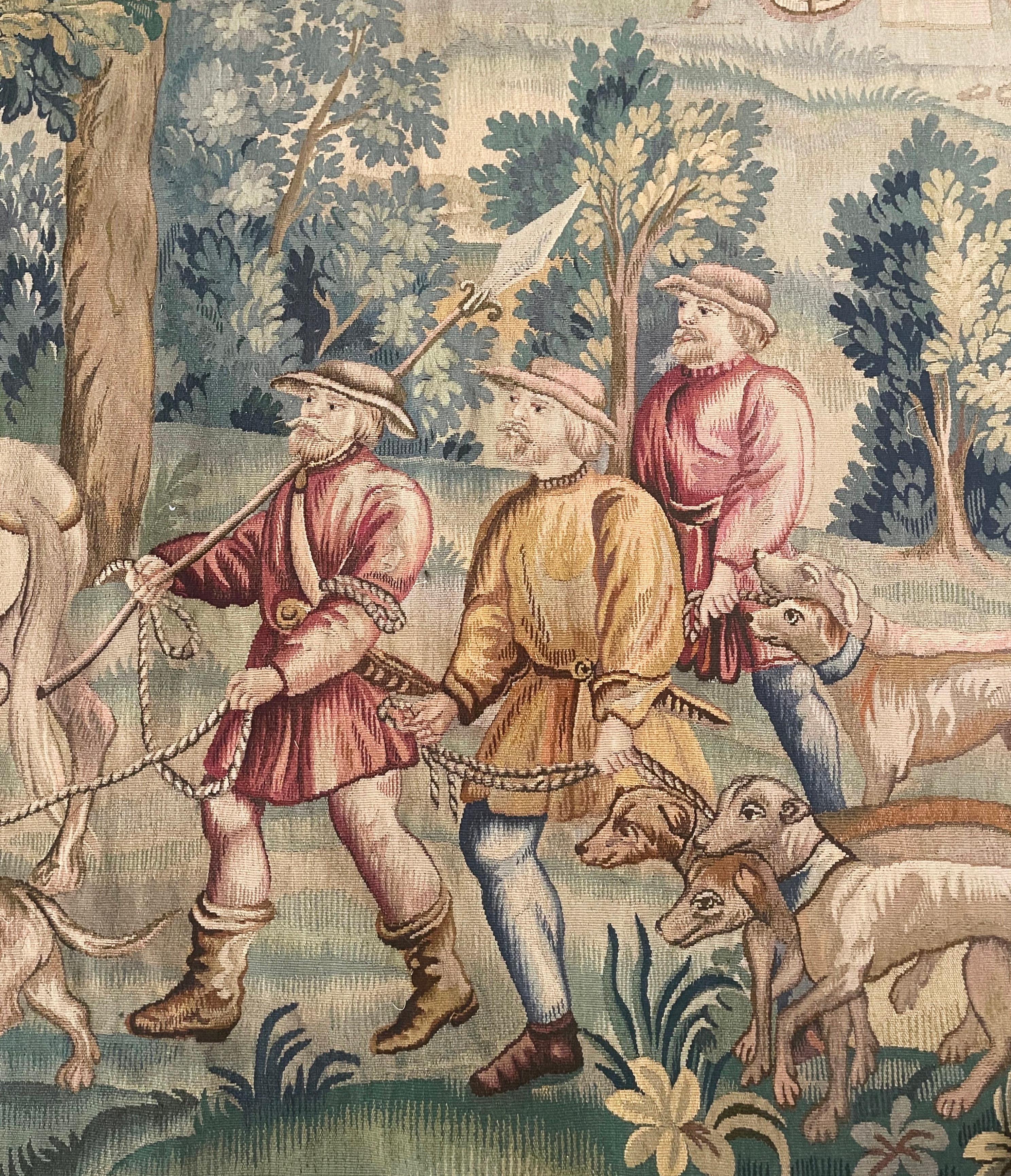 Tapisserie française du 19ème siècle tissée à la main d'Aubusson avec une scène de chasse noble en vente 1