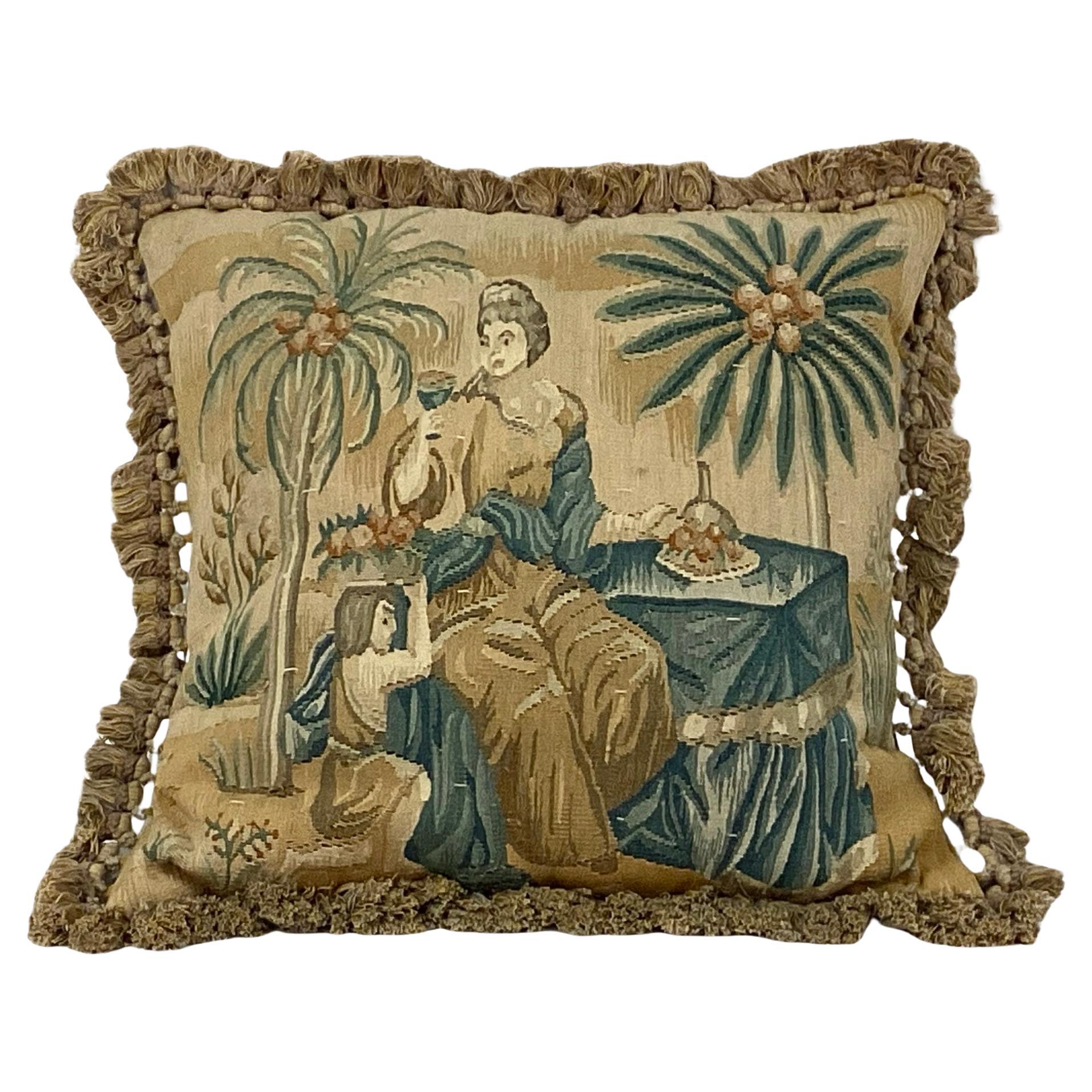 Französisches handgewebtes Wandteppich-Kissen aus dem 19. Jahrhundert