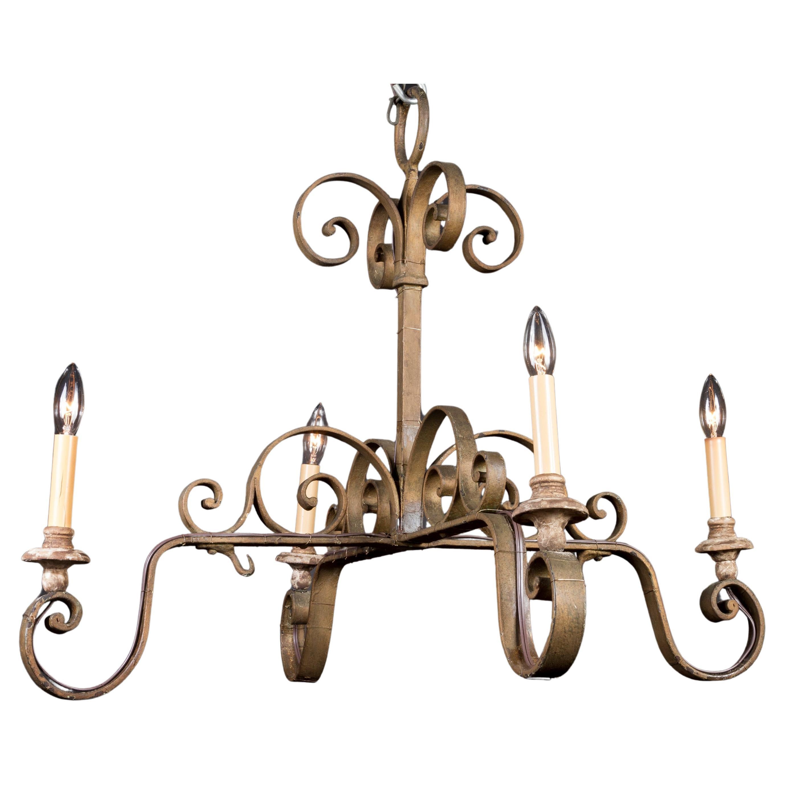 19th Century French Hand Wrought Iron Chandelier with Scroll Motif