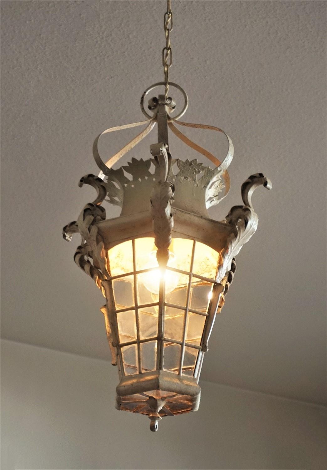 19th Century Antique French Handcrafted Wrought Iron Glass Street Lantern For Sale