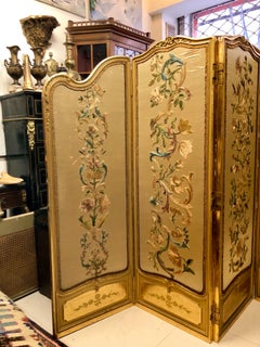 19th Century French Handmade Gilt Wood Five Panel Silk Folding Dressing Screen