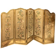 Antique 19th Century French Handmade Gilt Wood Five Panel Silk Folding Dressing Screen