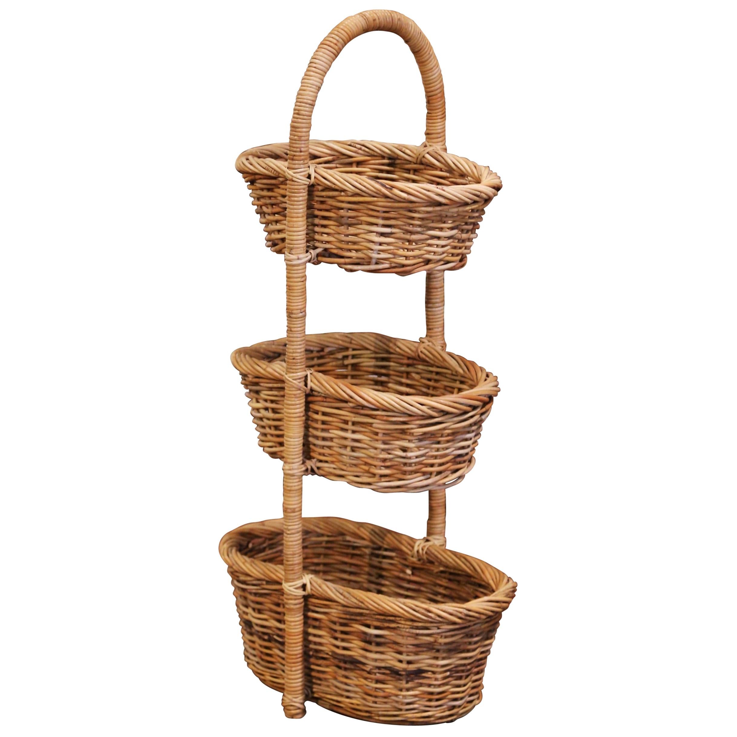 19th Century French Handwoven Tree-Tier Wicker Basket from Normandy