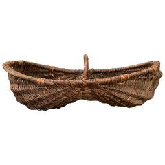19th Century French Handwoven Wicker Grape Harvesting Basket with Wood Handle
