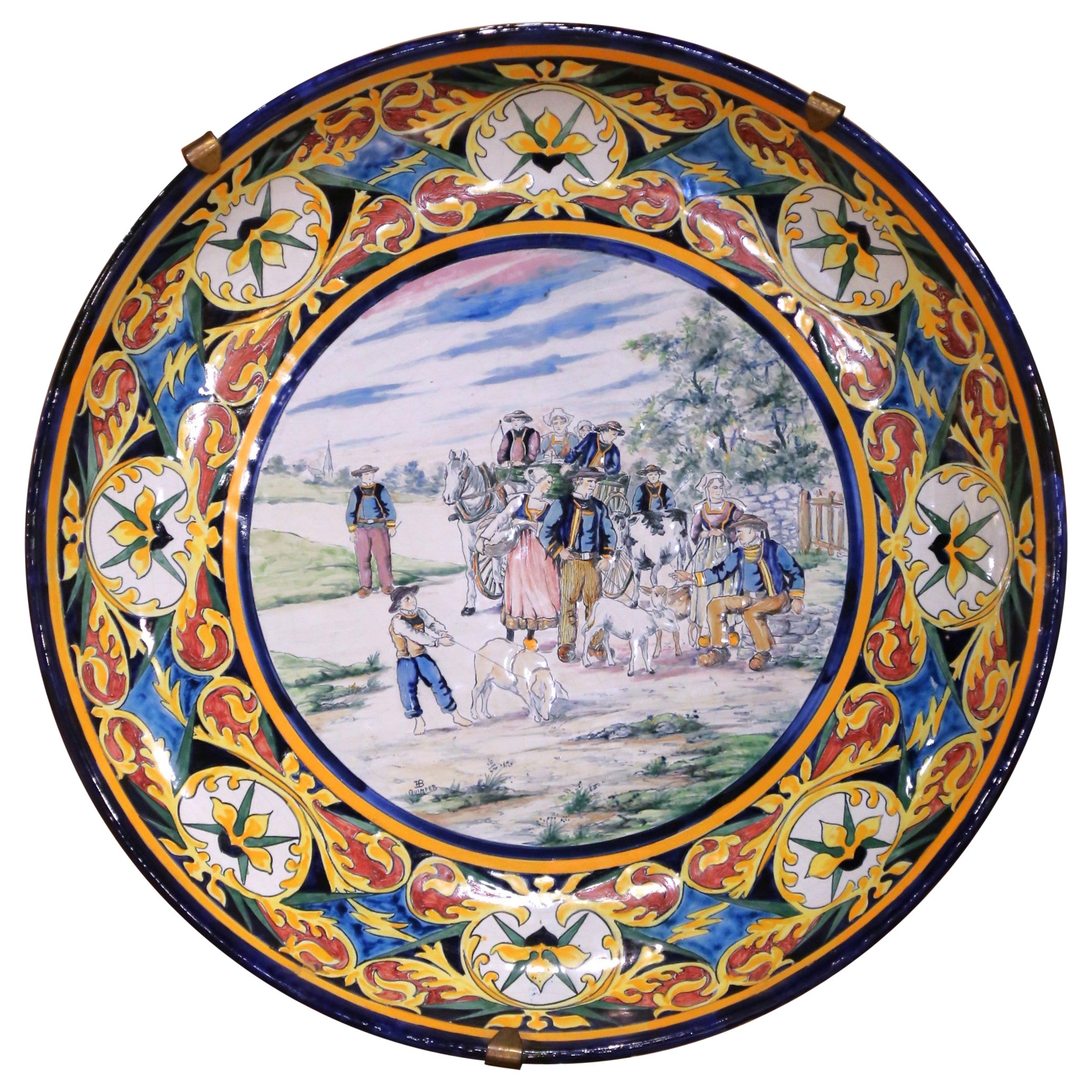Plateau mural ou plateau de service en faïence de Quimper HB du 19e siècle