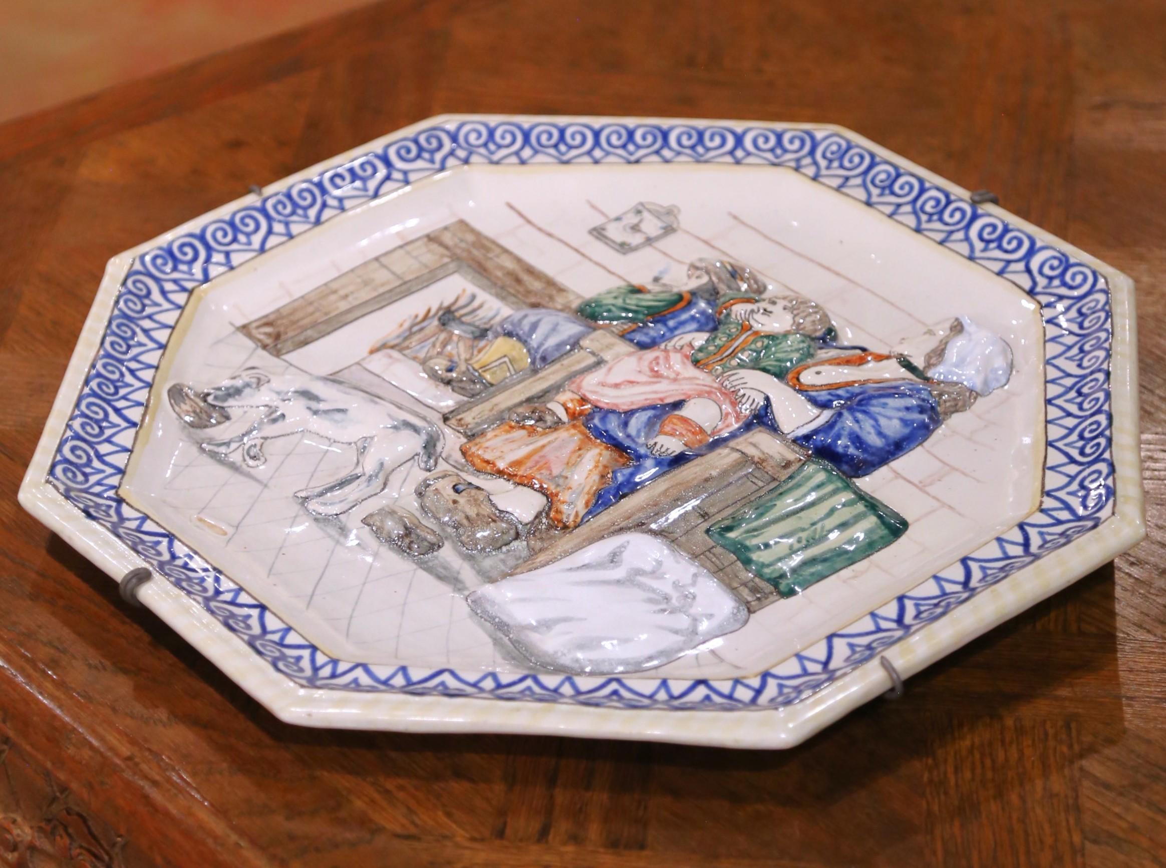 19. Jahrhundert Französisch HB Quimper Fayence achteckige Wandteller oder Serviertablett im Zustand „Hervorragend“ im Angebot in Dallas, TX