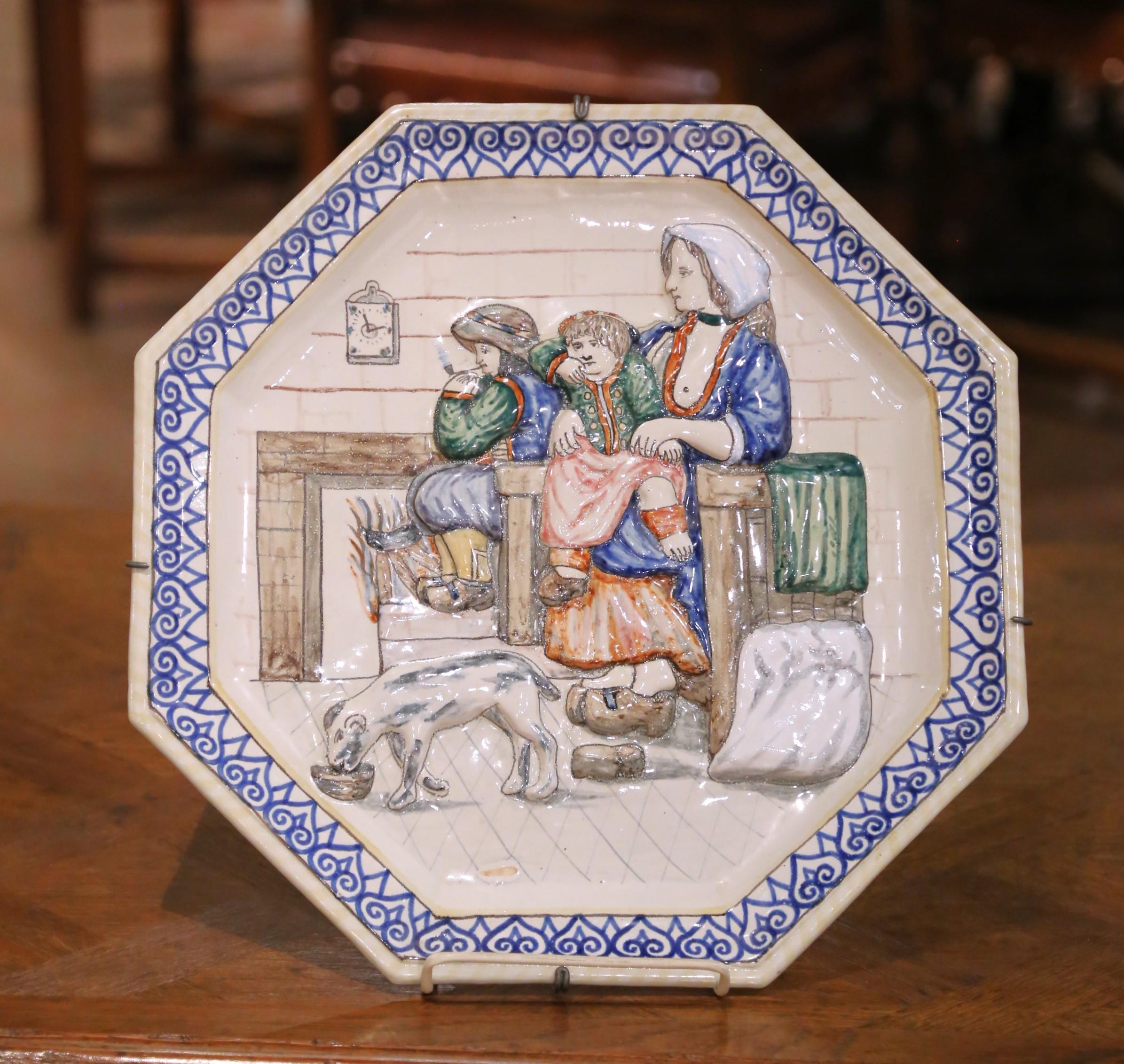19. Jahrhundert Französisch HB Quimper Fayence achteckige Wandteller oder Serviertablett im Angebot 1