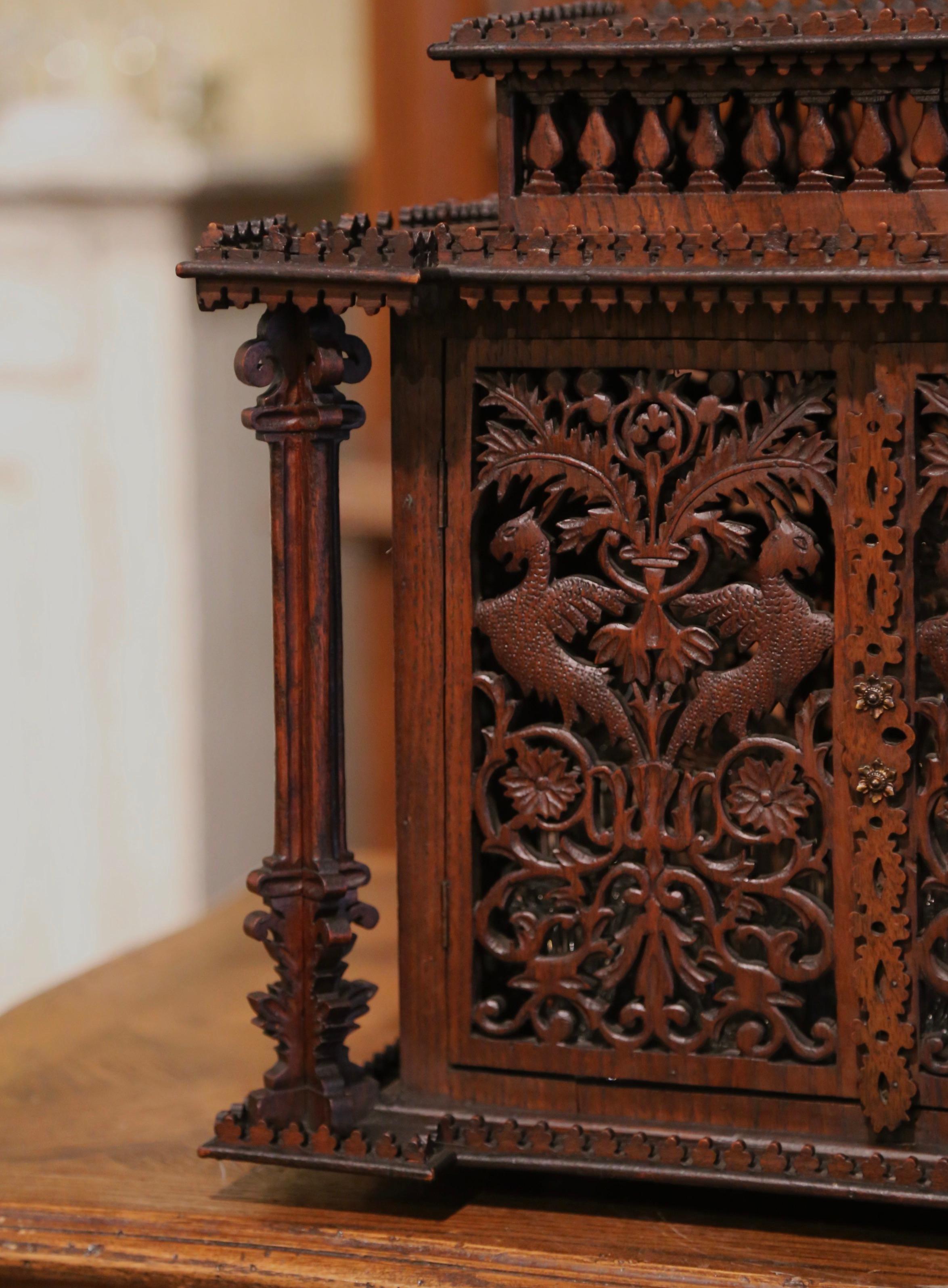 19th Century French Heavily Carved Walnut Complete Liquor Box In Excellent Condition In Dallas, TX
