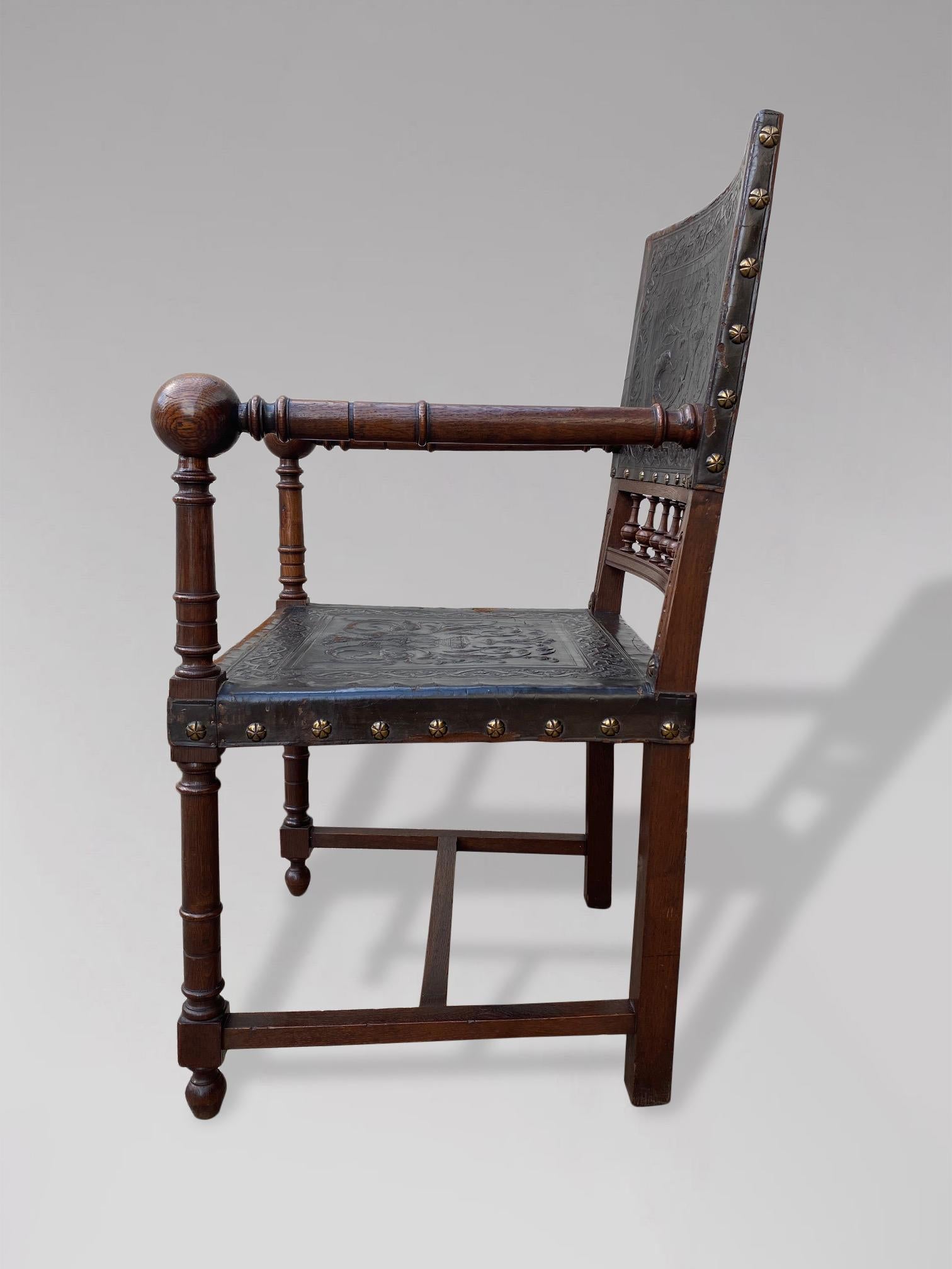 Embossed 19th Century French Henr II Tooled Leather and Oak Armchair For Sale