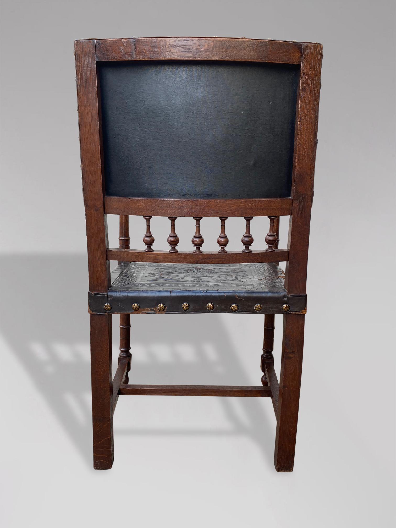 19th Century French Henr II Tooled Leather and Oak Armchair For Sale 1