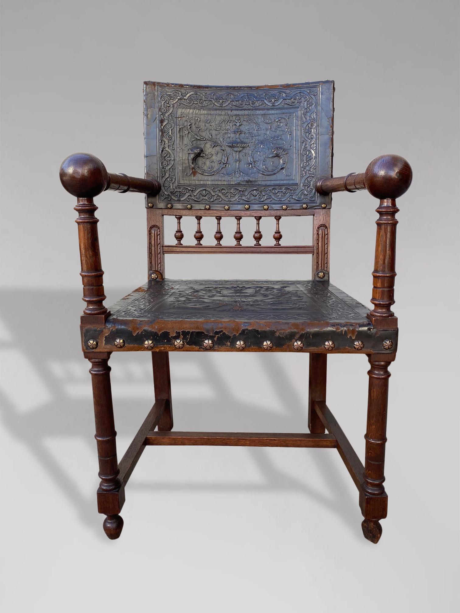 19th Century French Henr II Tooled Leather and Oak Armchair For Sale 2