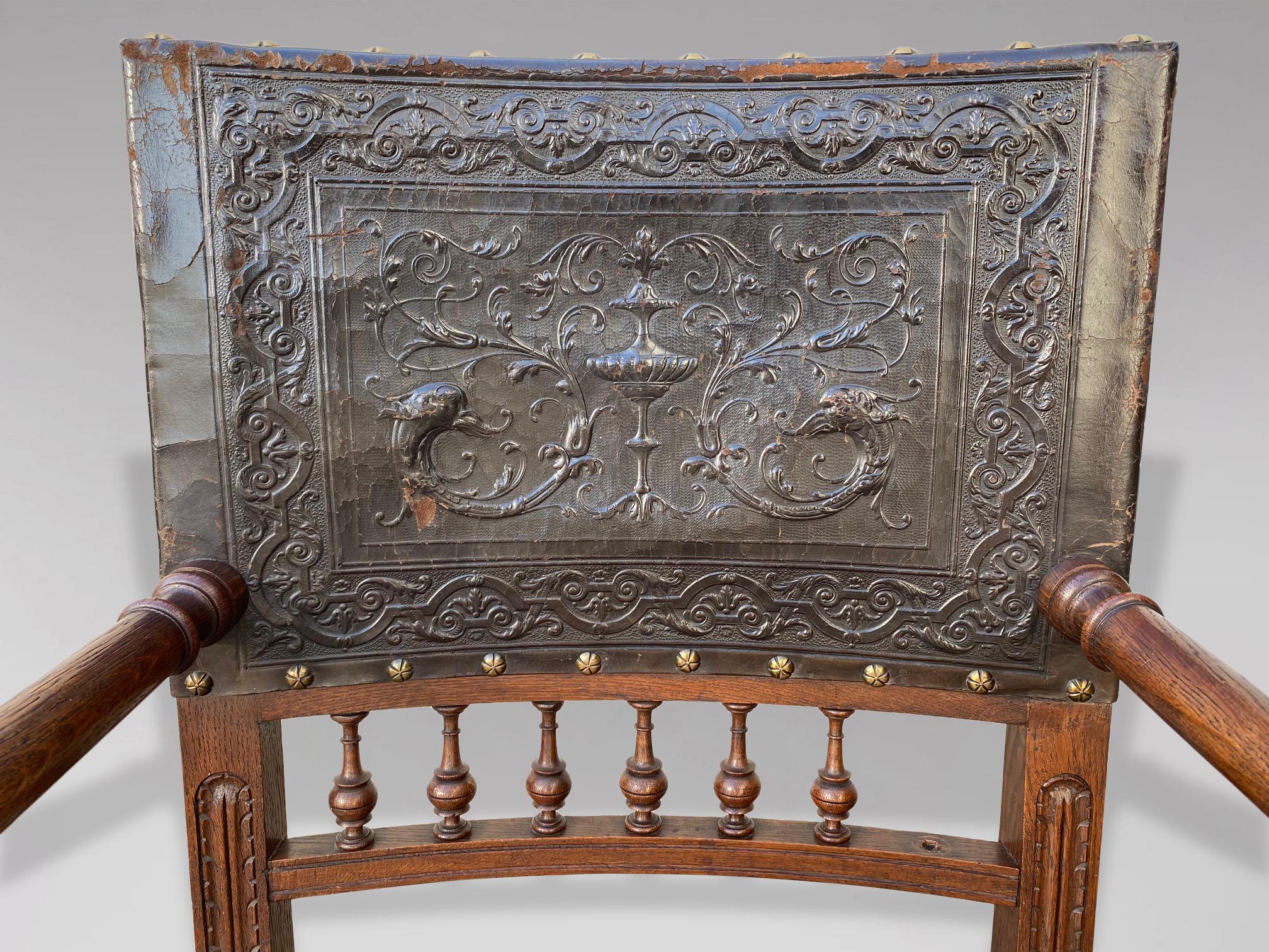 19th Century French Henr II Tooled Leather and Oak Armchair For Sale 4