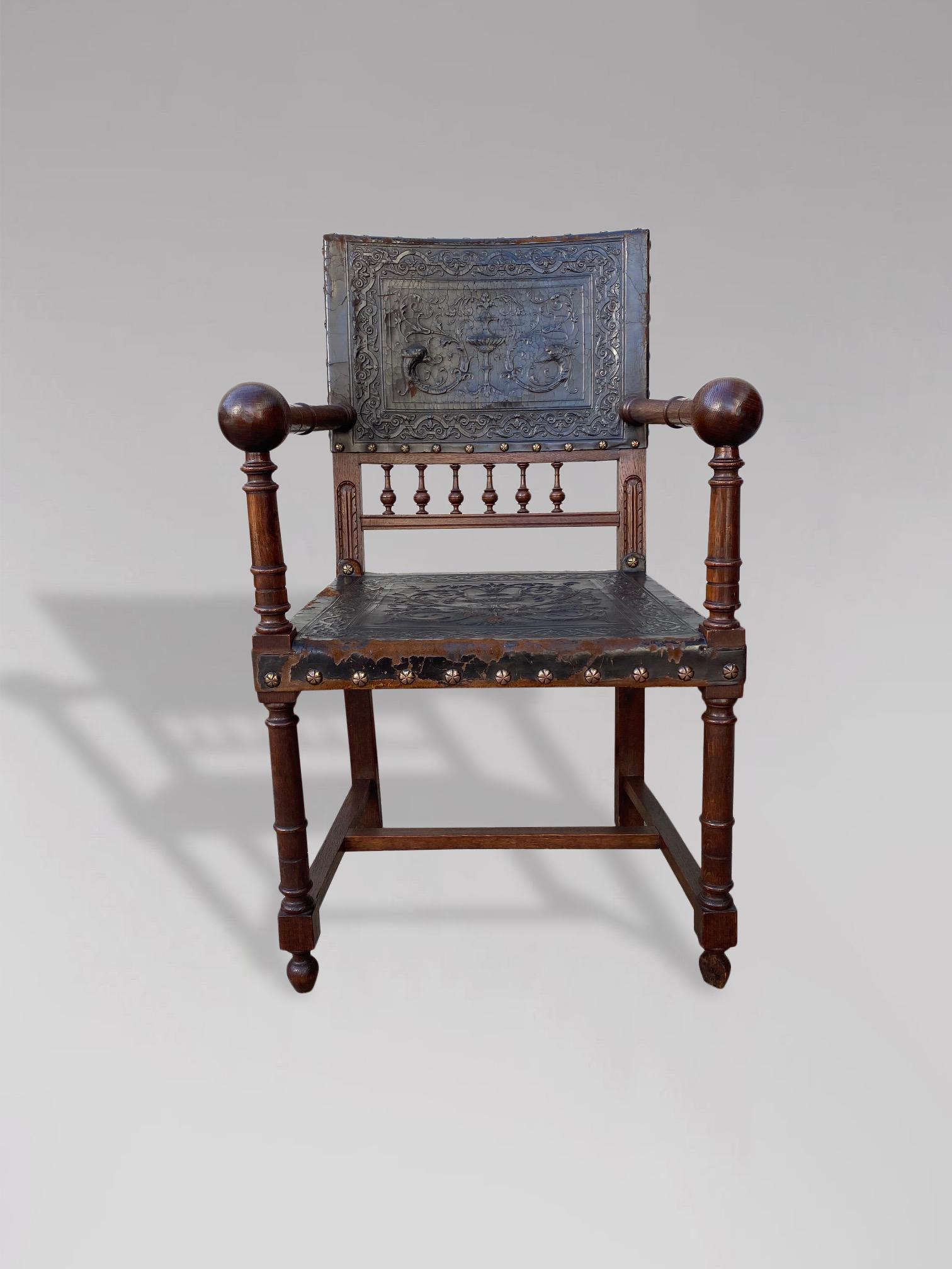19th Century French Henr II Tooled Leather and Oak Armchair For Sale 5