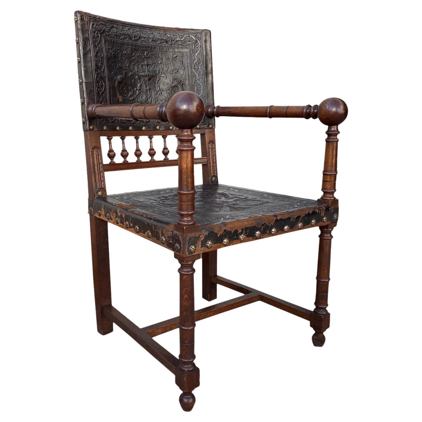 19th Century French Henr II Tooled Leather and Oak Armchair For Sale