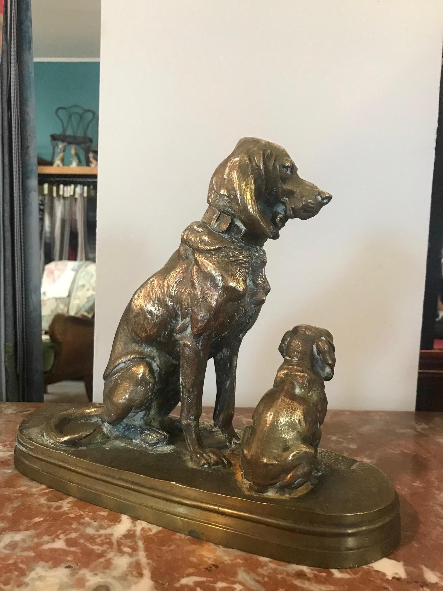 Gilt 19th Century French Henri Alfred Jacquemart Bronze Dogs Sculpture For Sale