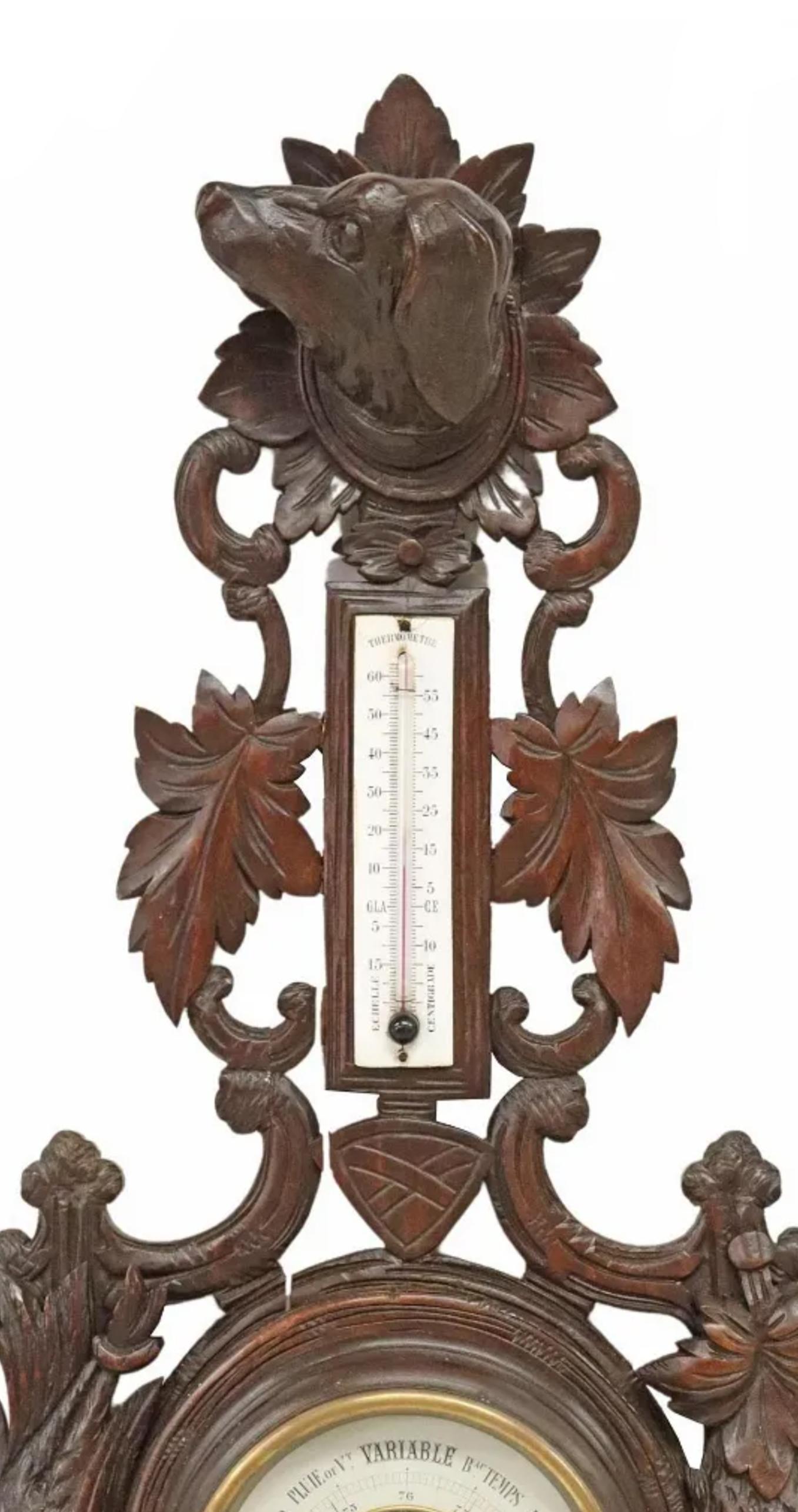 Country 19th Century French Henri II Black Forest Hunt Style Carved Oak Wall Barometer For Sale