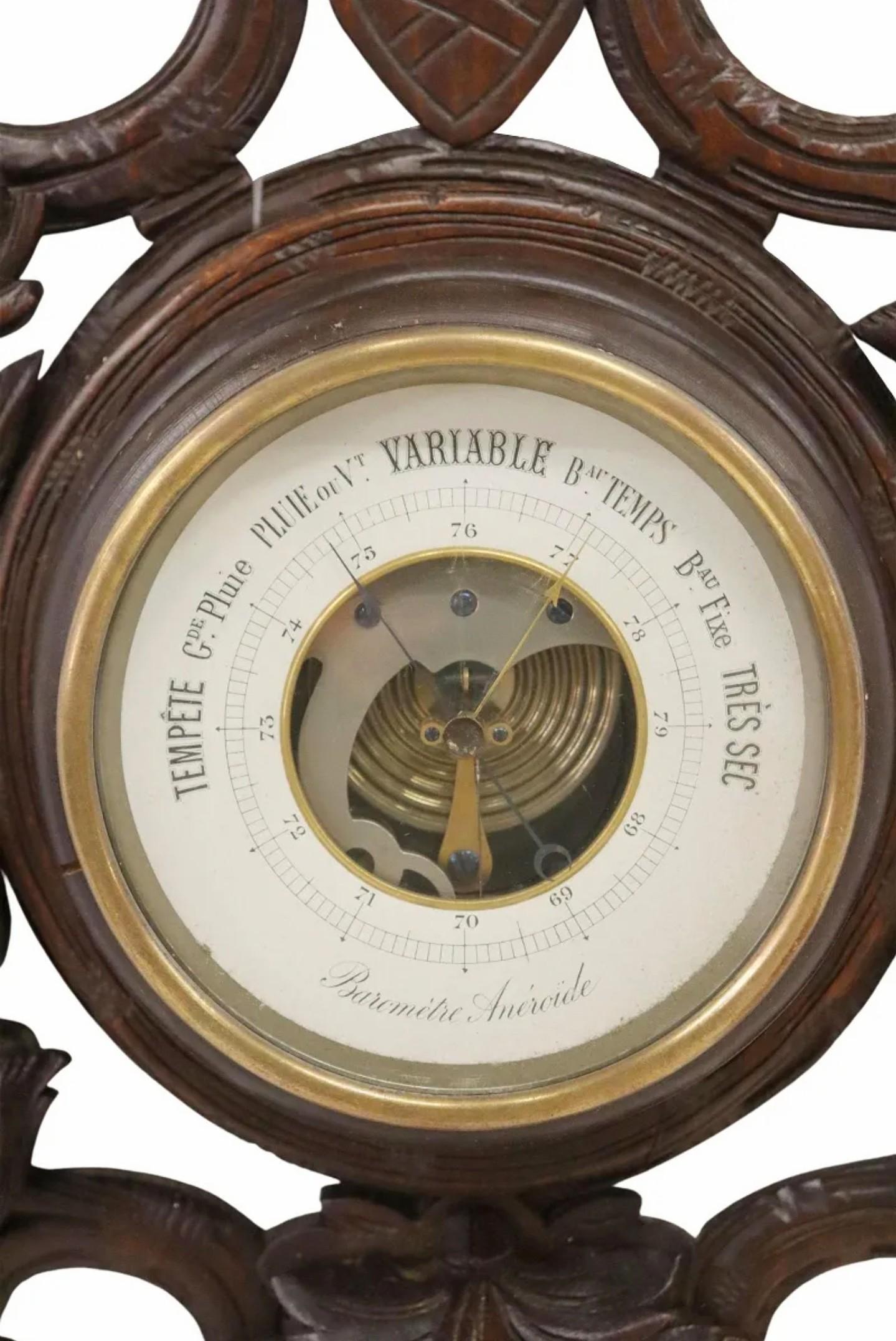 Hand-Carved 19th Century French Henri II Black Forest Hunt Style Carved Oak Wall Barometer For Sale