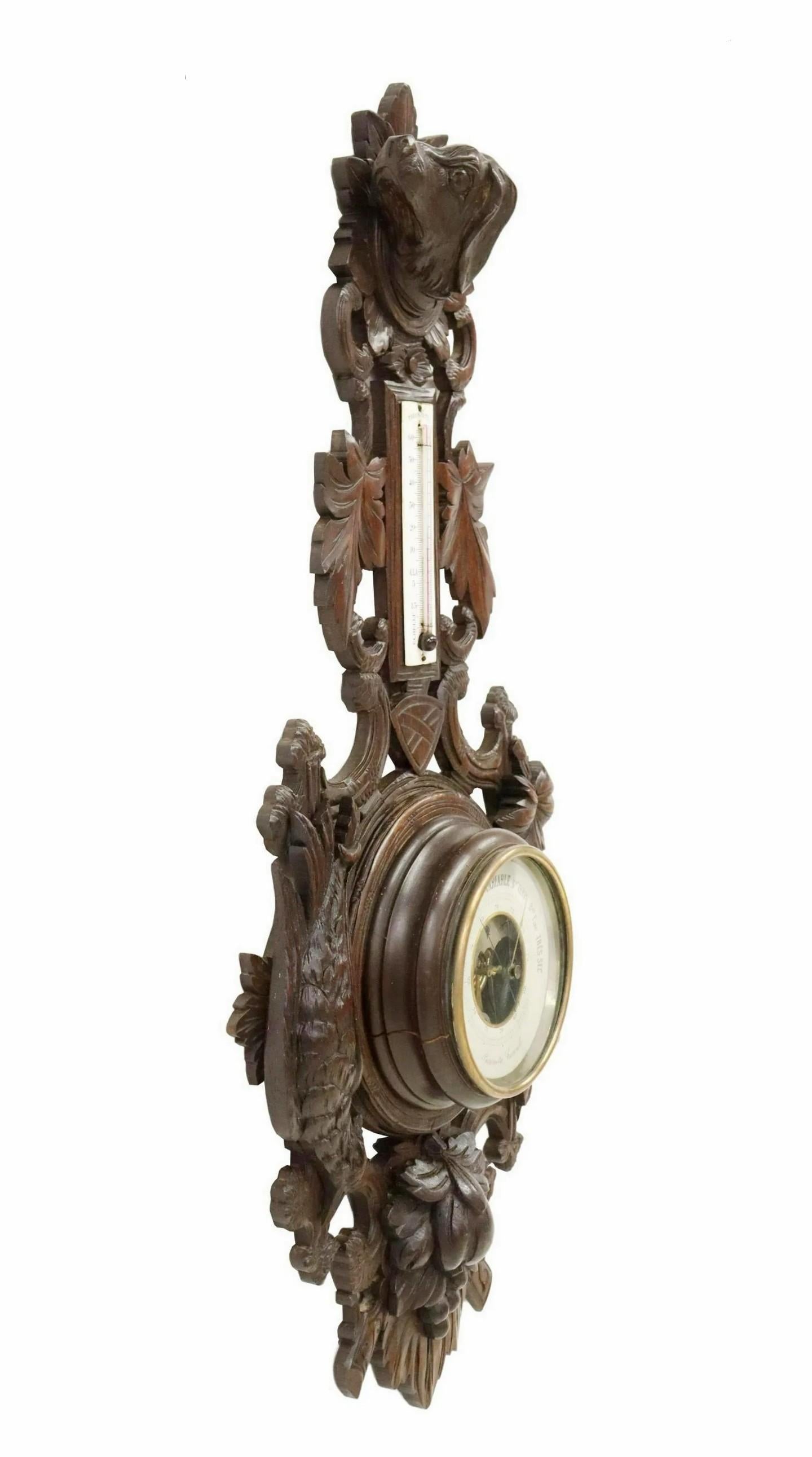 19th Century French Henri II Black Forest Hunt Style Carved Oak Wall Barometer In Good Condition For Sale In Forney, TX