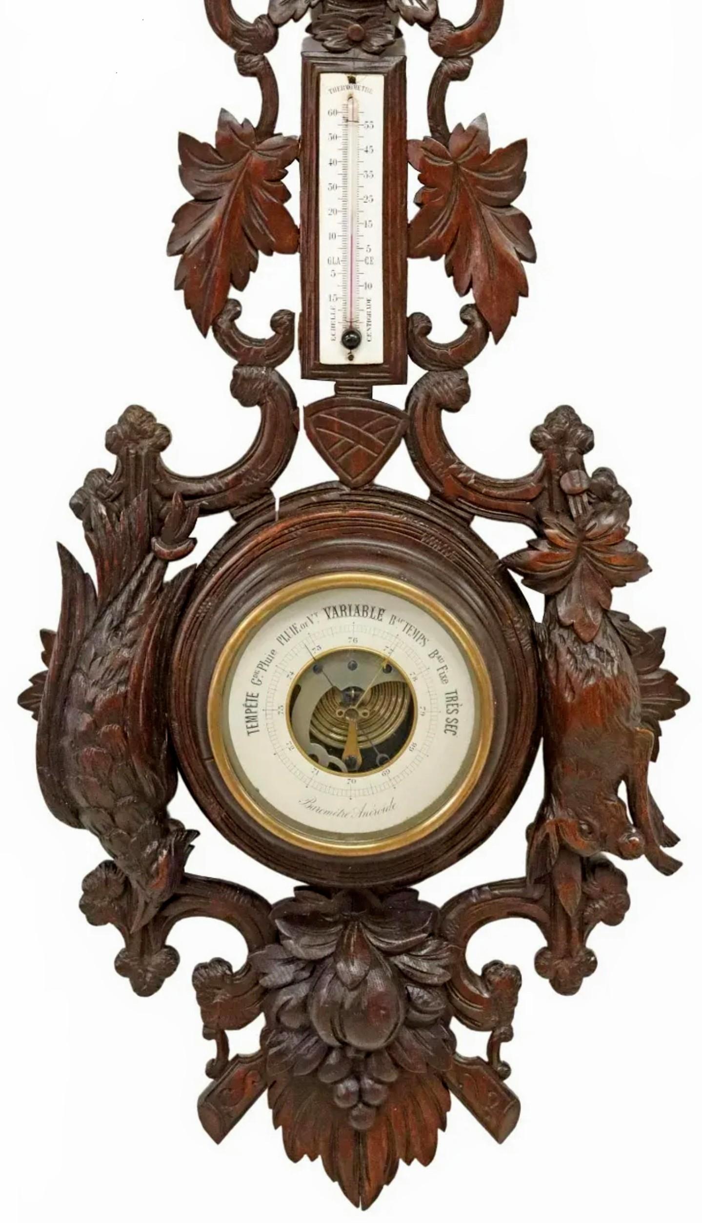 19th Century French Henri II Black Forest Hunt Style Carved Oak Wall Barometer For Sale 1