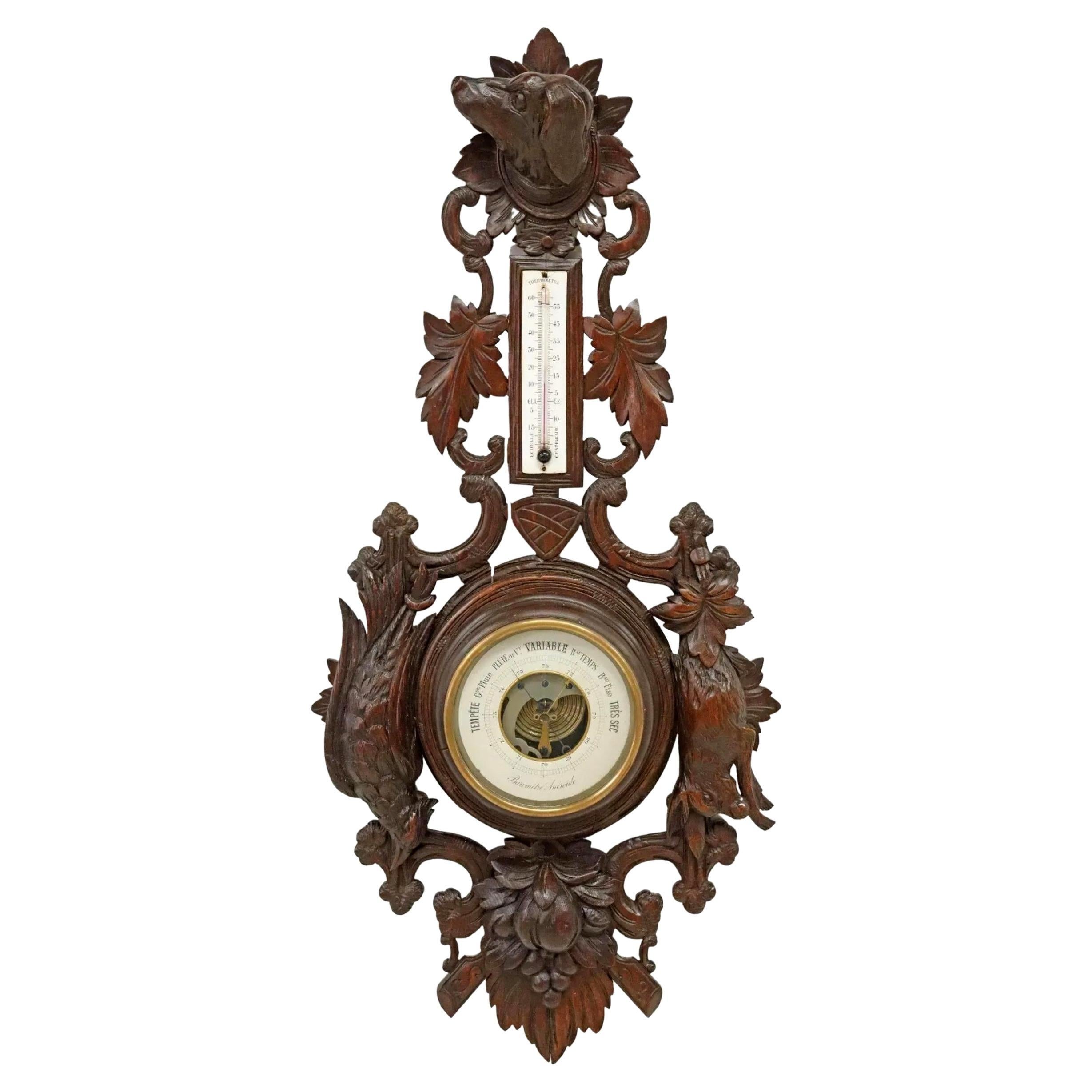 19th Century French Henri II Black Forest Hunt Style Carved Oak Wall Barometer For Sale