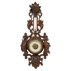 Barometro da parete in Oak Oak intagliato in stile caccia di Henri II, Francia del XIX secolo