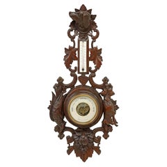 Used 19th Century French Henri II Black Forest Hunt Style Carved Oak Wall Barometer