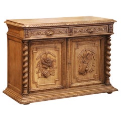 19th Century French Henri II Bleached Oak Buffet with Carved Harvest Motifs