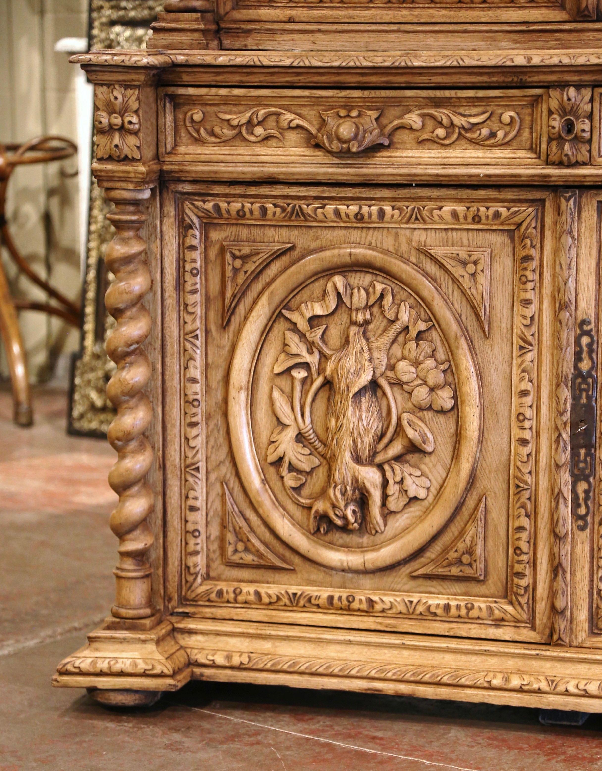 19th Century French Henri II Carved Bleached Oak Gun Cabinet with Hunt Motifs 2