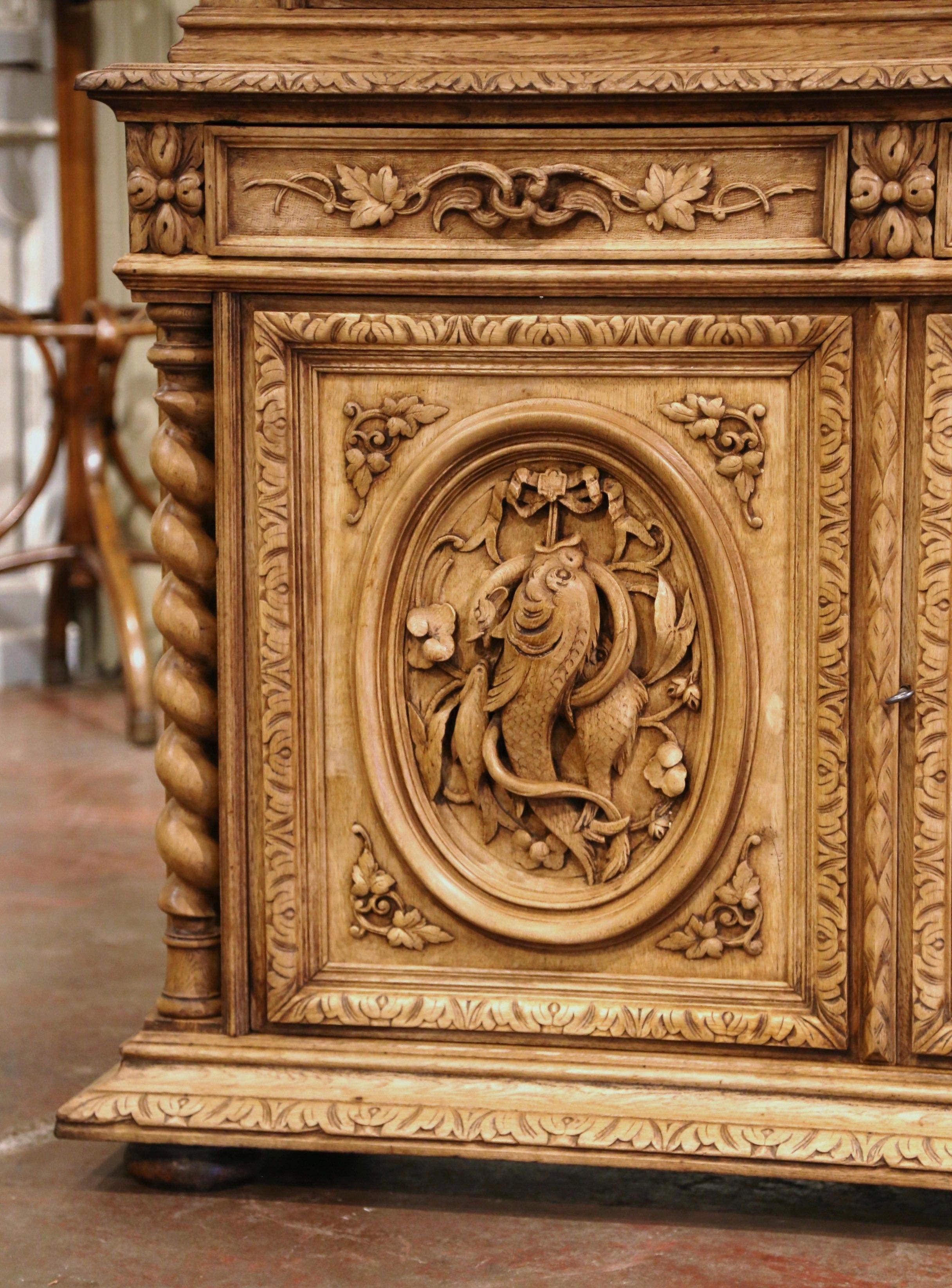 19th Century French Henri II Carved Bleached Oak Gun Cabinet with Hunt Motifs 7