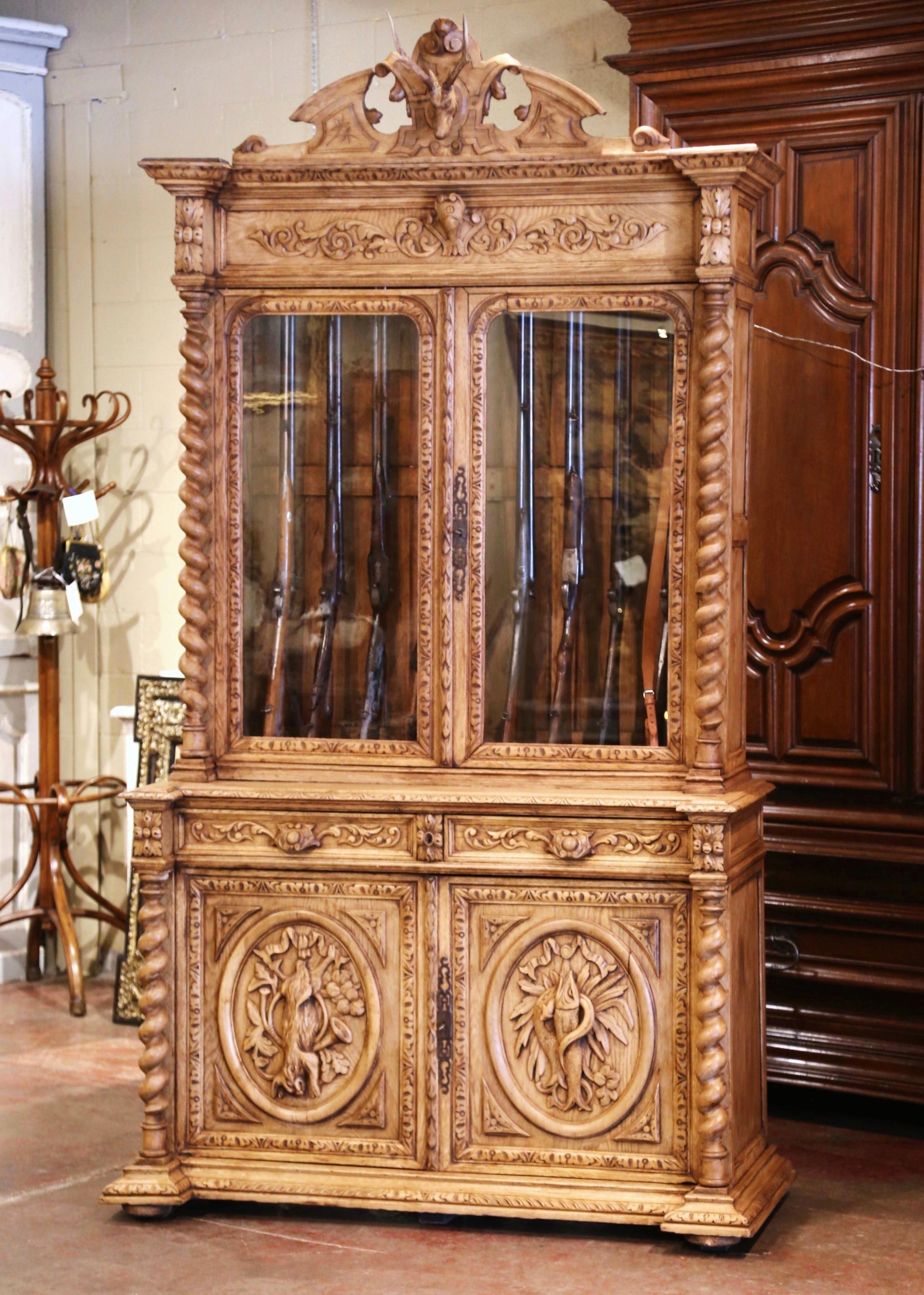 Napoleon III 19th Century French Henri II Carved Bleached Oak Gun Cabinet with Hunt Motifs