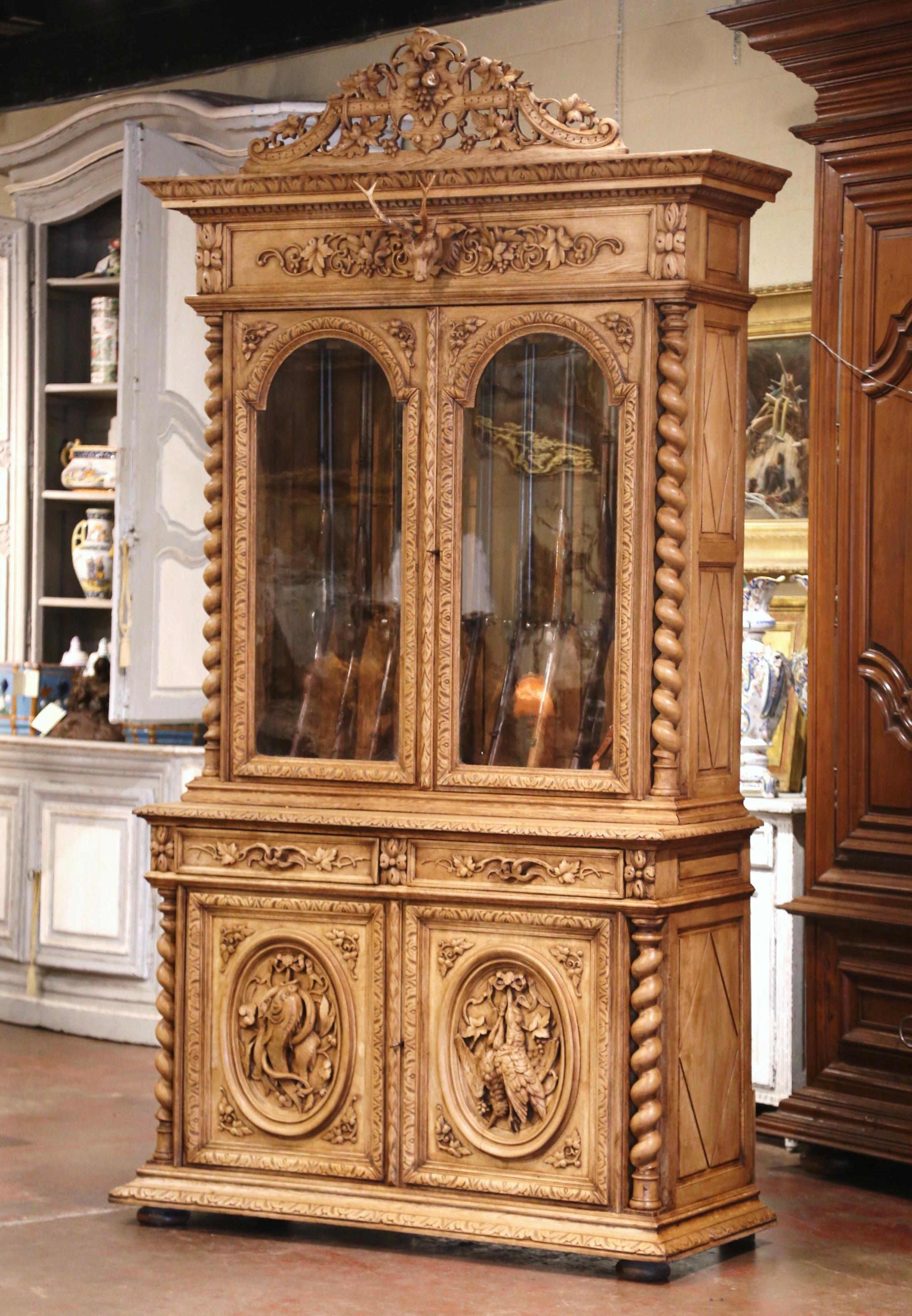 19th Century French Henri II Carved Bleached Oak Gun Cabinet with Hunt Motifs 1