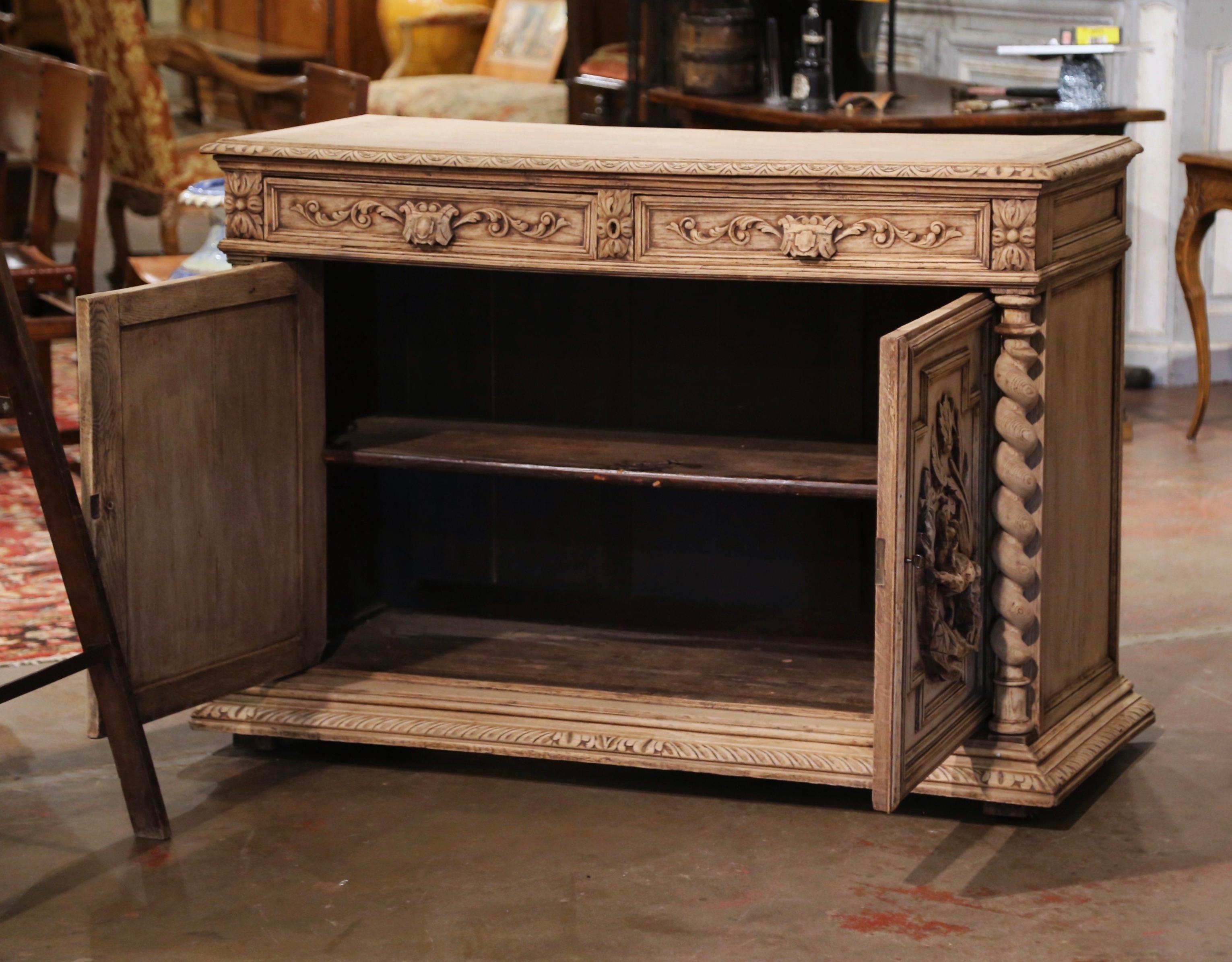 19th Century French Henri II Carved Bleached Oak Hunt Cabinet with Dog and Fox 7