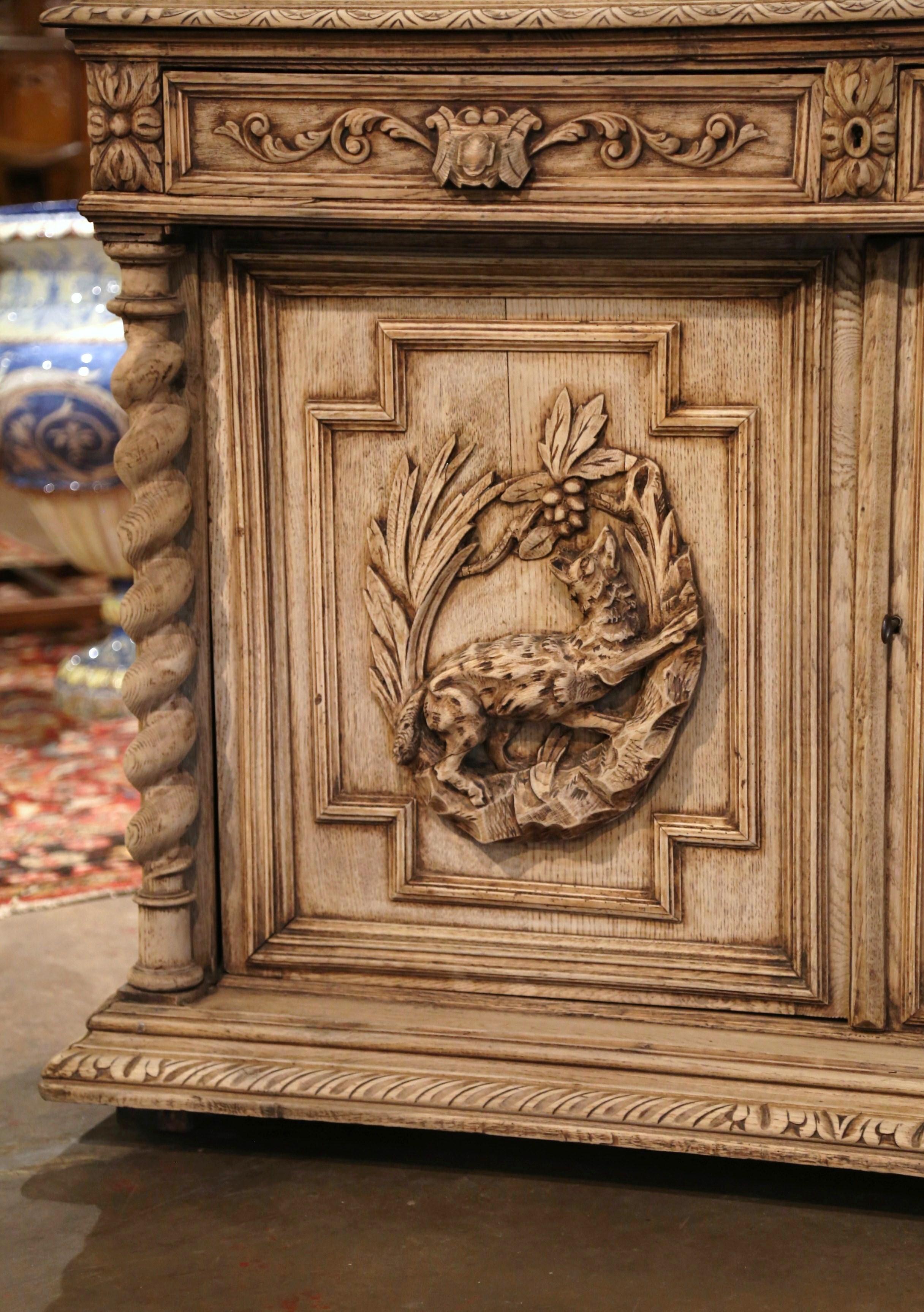 19th Century French Henri II Carved Bleached Oak Hunt Cabinet with Dog and Fox 3