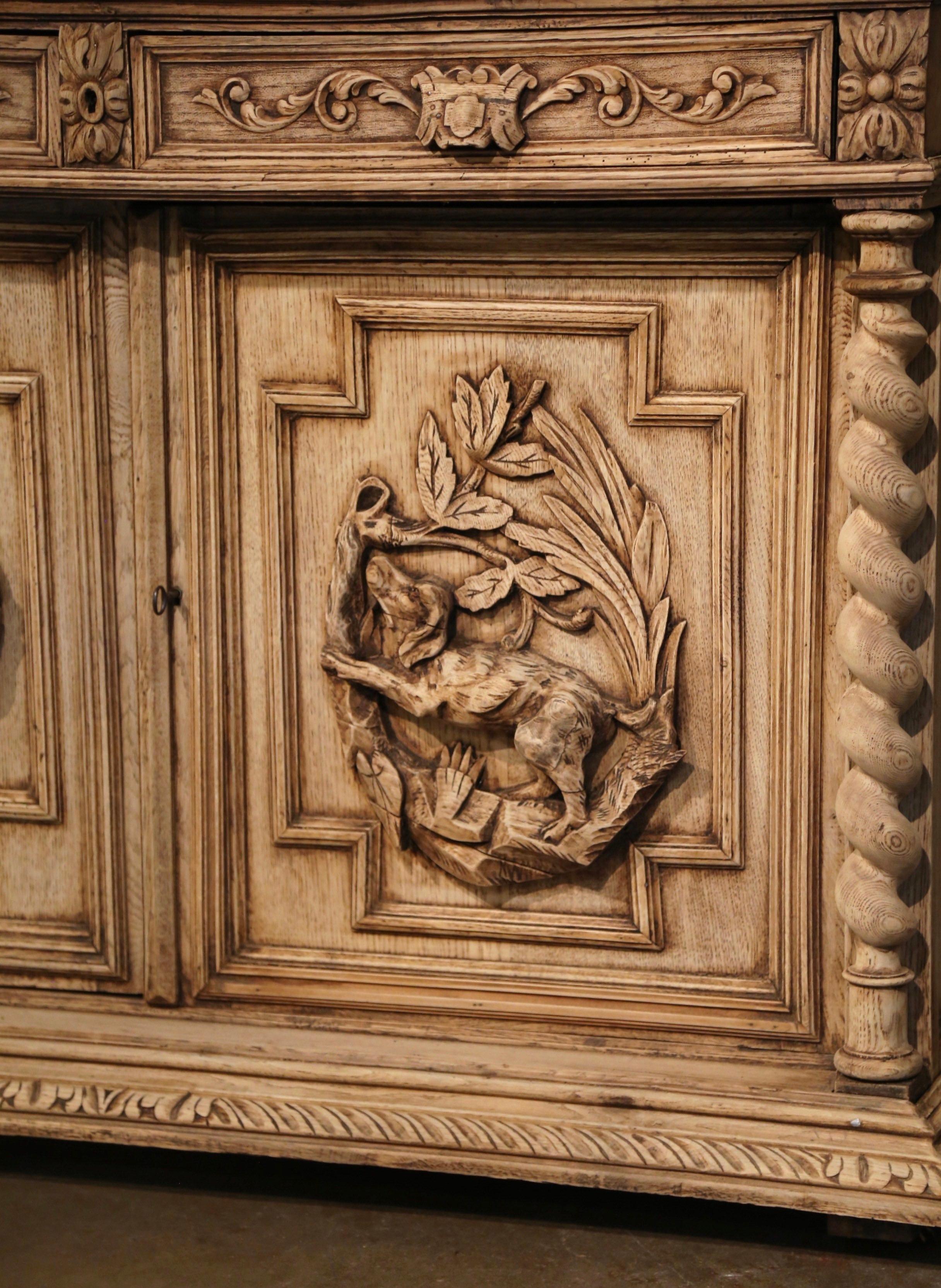 19th Century French Henri II Carved Bleached Oak Hunt Cabinet with Dog and Fox 4