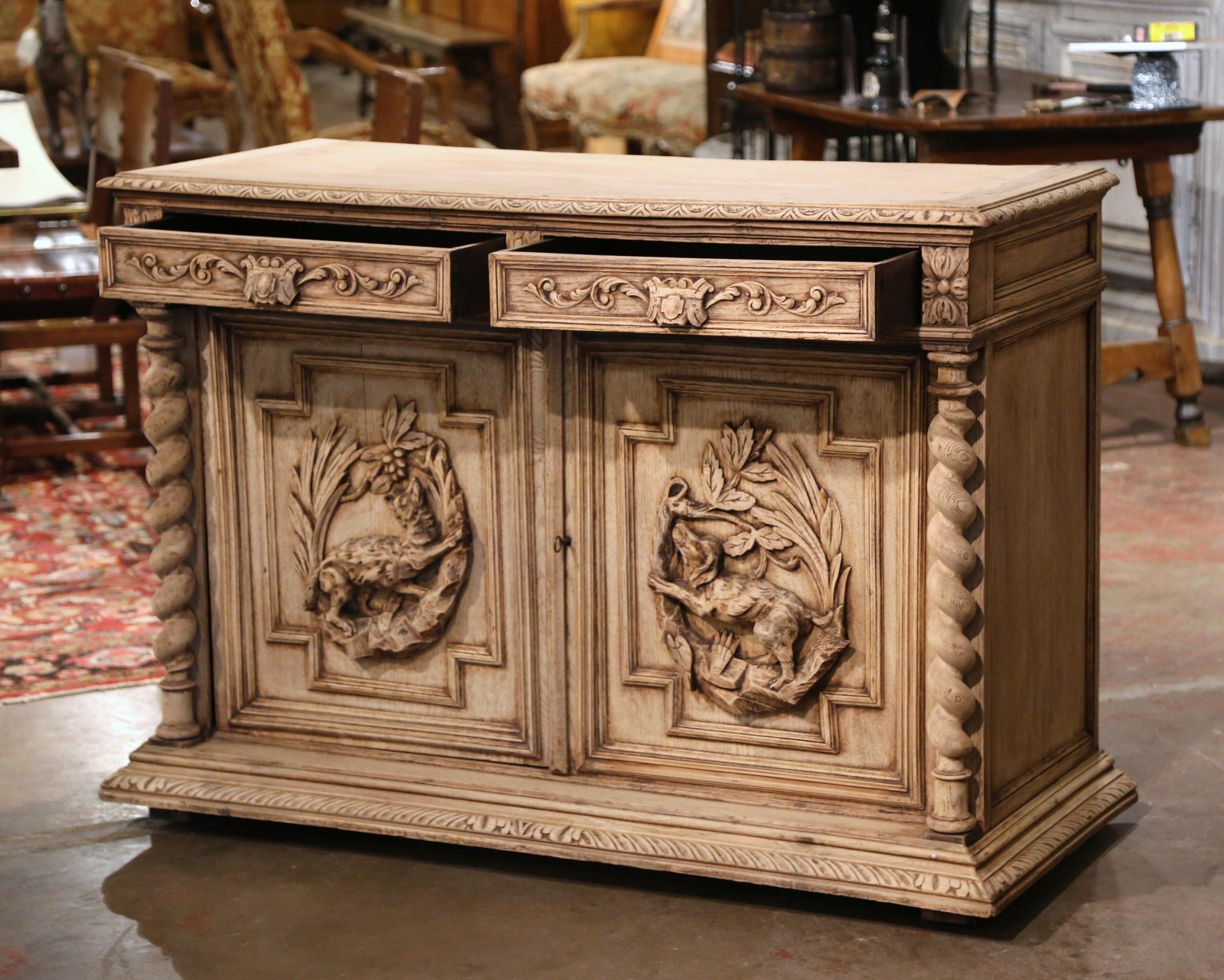 19th Century French Henri II Carved Bleached Oak Hunt Cabinet with Dog and Fox 5