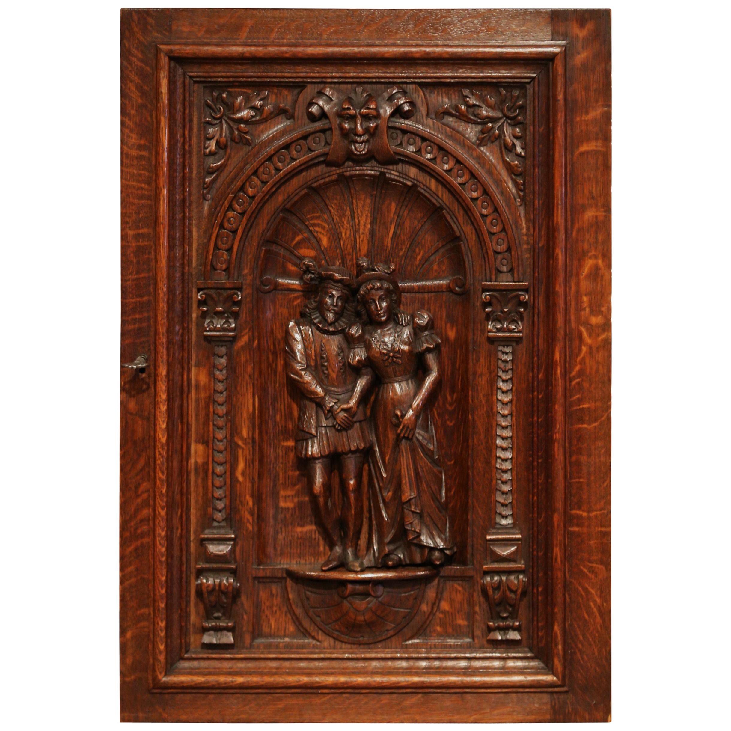 19th Century French Henri II Carved Oak Cabinet Door with High Relief Carvings