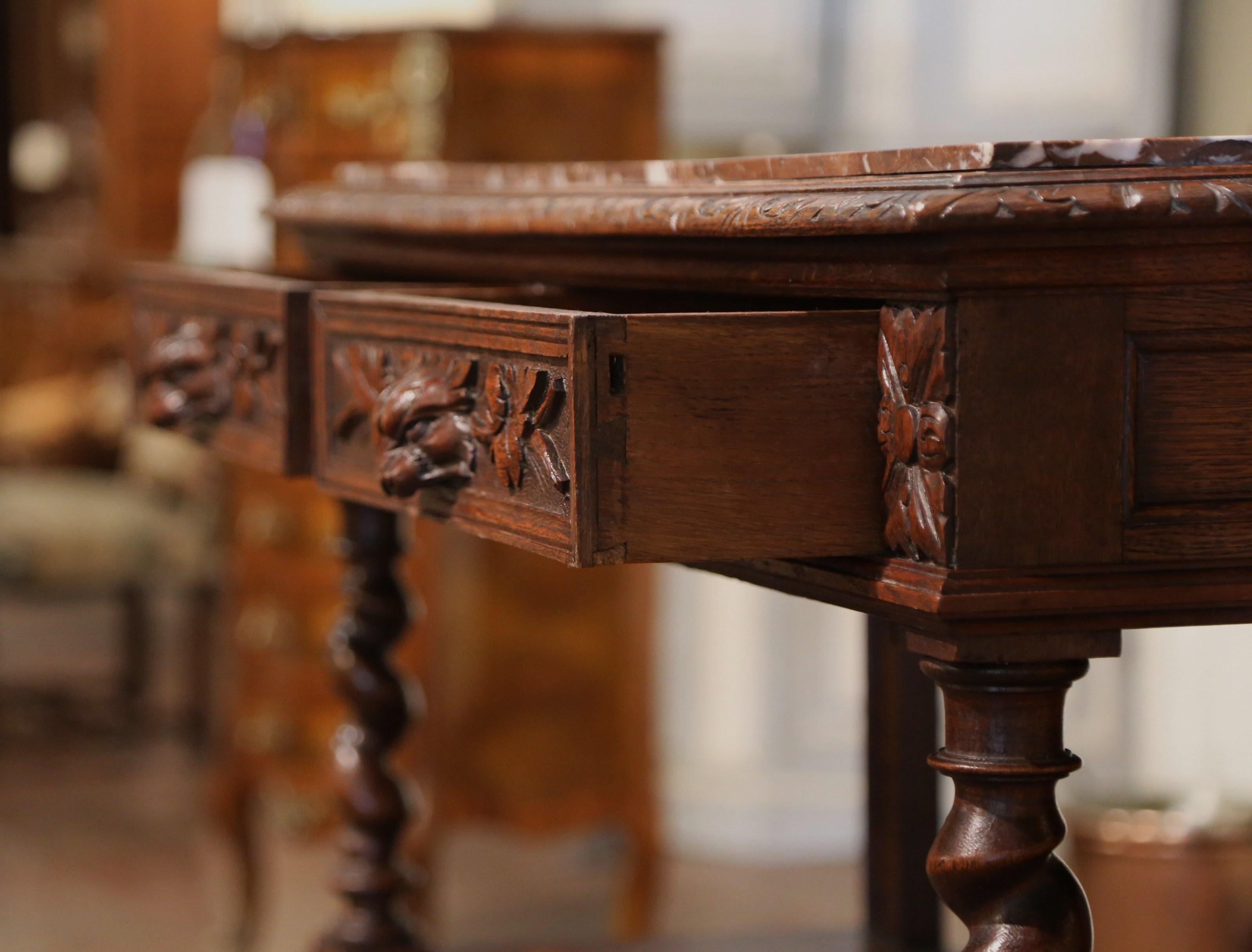 19th Century French Henri II Carved Oak Desserte Console with Red Marble Top 4