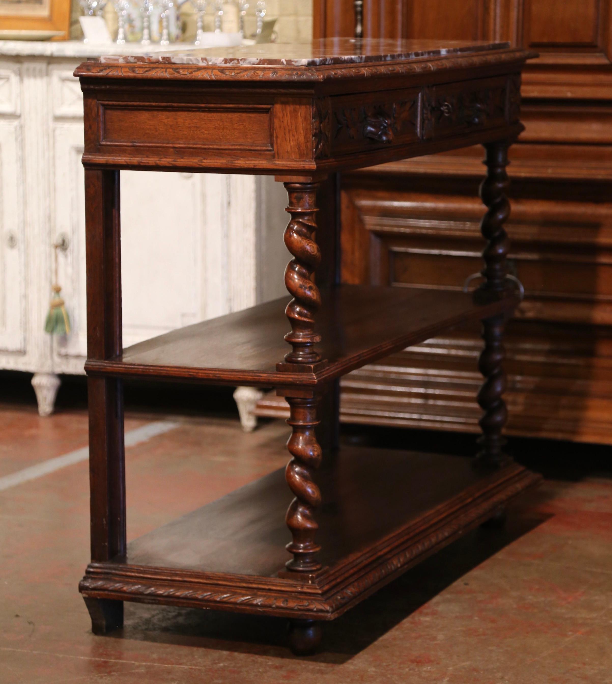 19th Century French Henri II Carved Oak Desserte Console with Red Marble Top 6