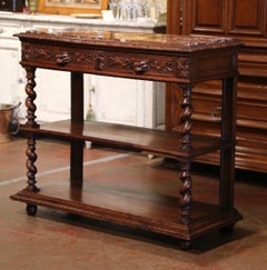 19th Century French Henri II Carved Oak Desserte Console with Red Marble Top