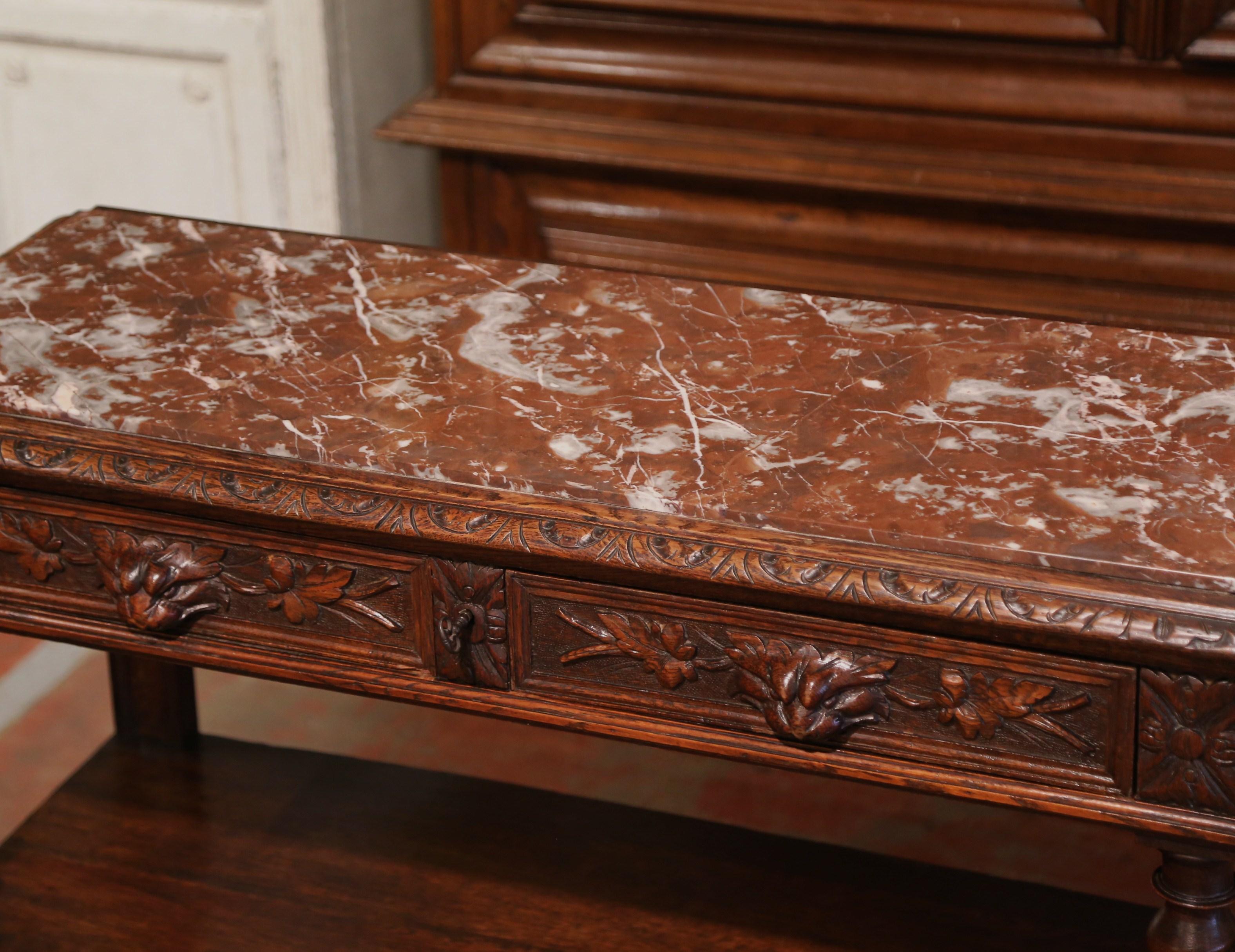 Gothic 19th Century French Henri II Carved Oak Desserte Console with Red Marble Top