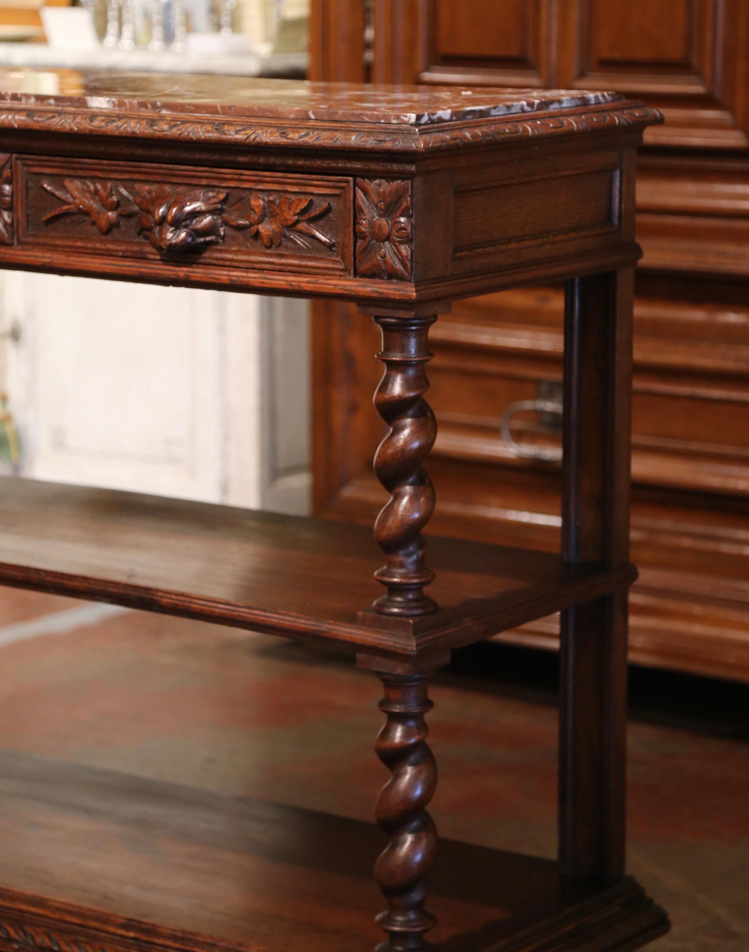 Beveled 19th Century French Henri II Carved Oak Desserte Console with Red Marble Top